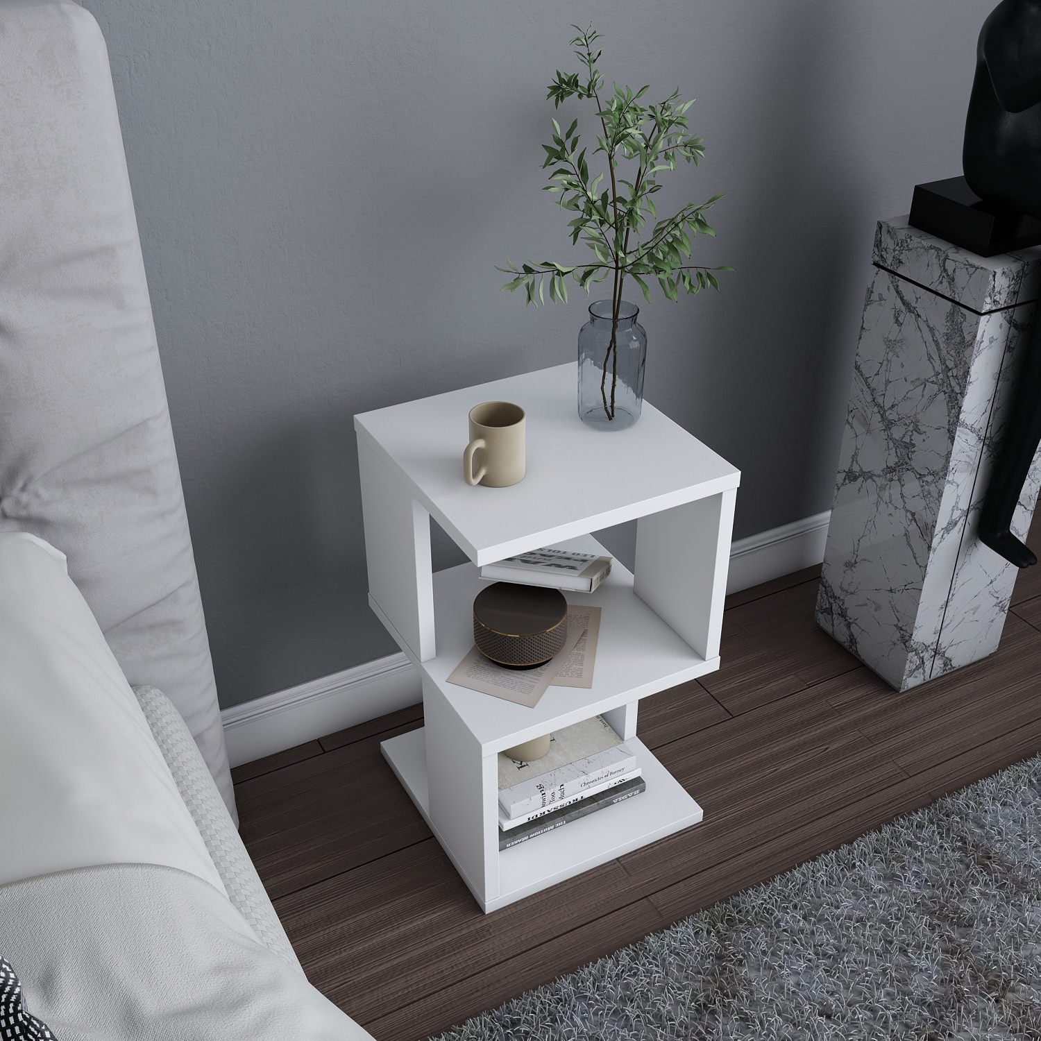 Mesa de Cabeceira Escandinava, Branca, 29,6 x 29,6 x 49,4 cm | Painel de Partículas 100% Revestido em Melamina, 18 mm de Espessura | Elegante e Funcional para Quartos Modernos