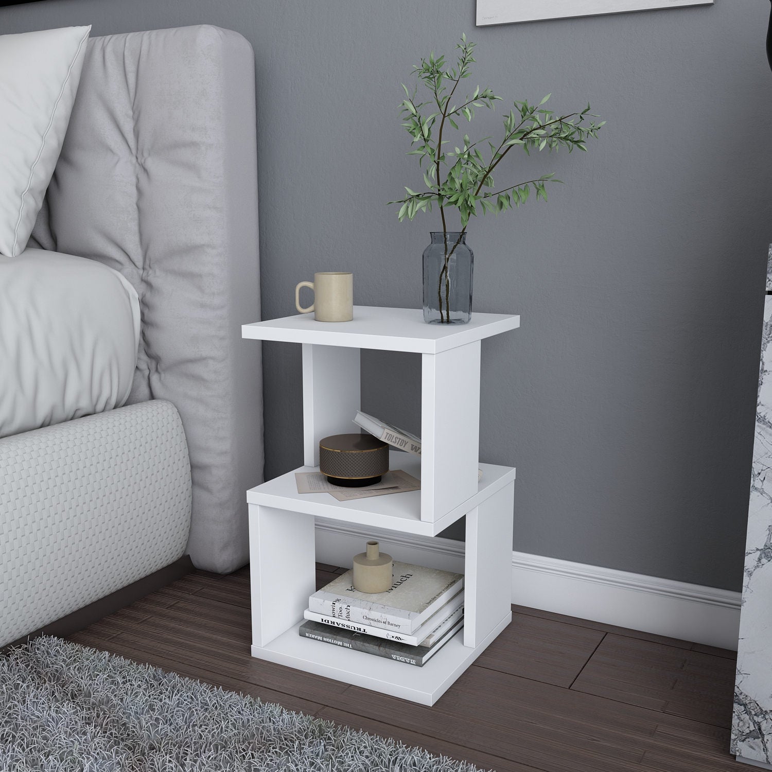 Mesa de Cabeceira Escandinava, Branca, 29,6 x 29,6 x 49,4 cm | Painel de Partículas 100% Revestido em Melamina, 18 mm de Espessura | Elegante e Funcional para Quartos Modernos