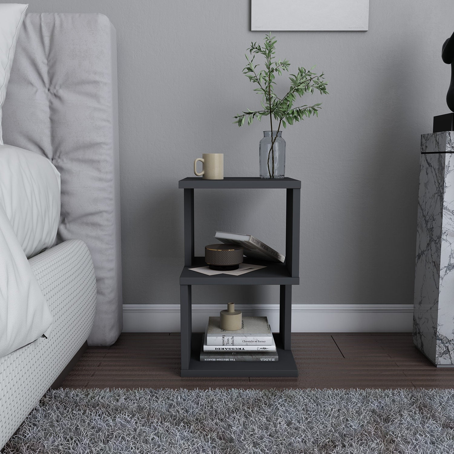 Mesa de Cabeceira Escandinava, Antracite, 29,6 x 29,6 x 49,4 cm | Painel de Partículas 100% Revestido em Melamina, 18 mm de Espessura | Elegante e Funcional para Quartos Modernos