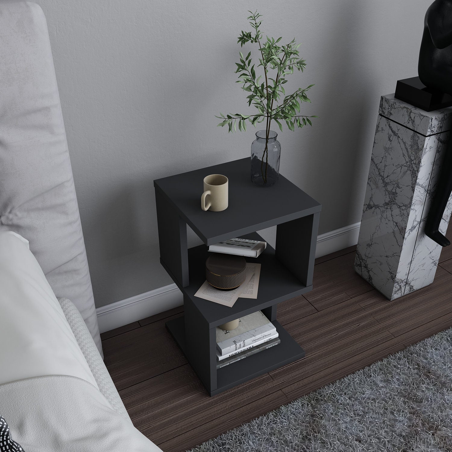 Mesa de Cabeceira Escandinava, Antracite, 29,6 x 29,6 x 49,4 cm | Painel de Partículas 100% Revestido em Melamina, 18 mm de Espessura | Elegante e Funcional para Quartos Modernos