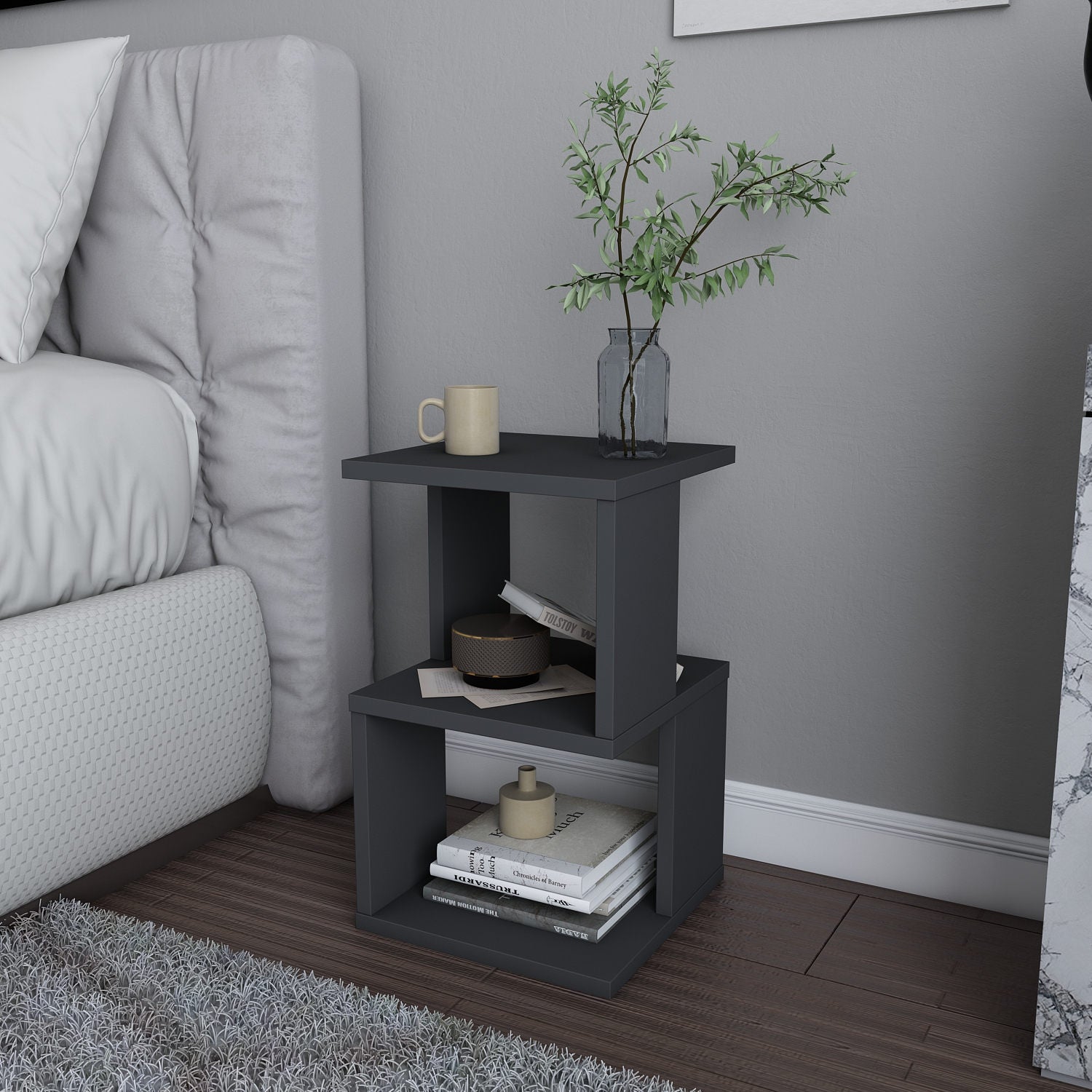 Mesa de Cabeceira Escandinava, Antracite, 29,6 x 29,6 x 49,4 cm | Painel de Partículas 100% Revestido em Melamina, 18 mm de Espessura | Elegante e Funcional para Quartos Modernos