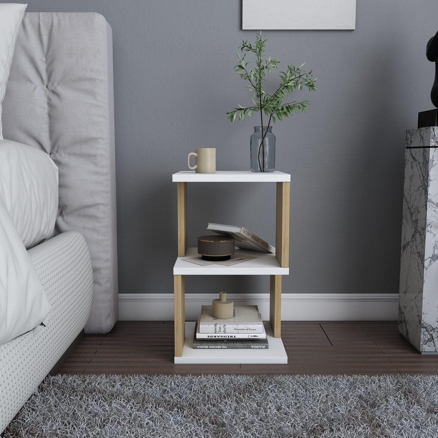 Mesa de Cabeceira Escandinava, Branca e Carvalho, 29,6 x 29,6 x 49,4 cm | Painel de Partículas 100% Revestido com Melamina, 18 mm de Espessura | Solução de Armazenamento Elegante e Funcional