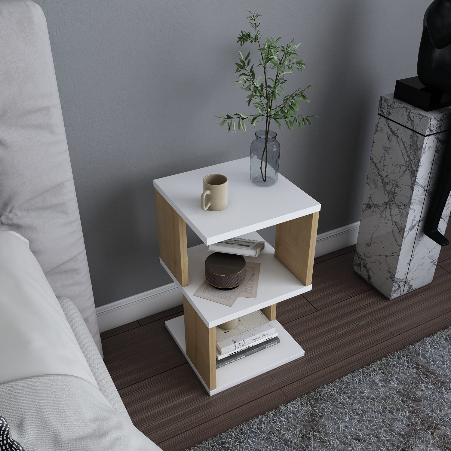 Mesa de Cabeceira Escandinava, Branca e Carvalho, 29,6 x 29,6 x 49,4 cm | Painel de Partículas 100% Revestido com Melamina, 18 mm de Espessura | Solução de Armazenamento Elegante e Funcional