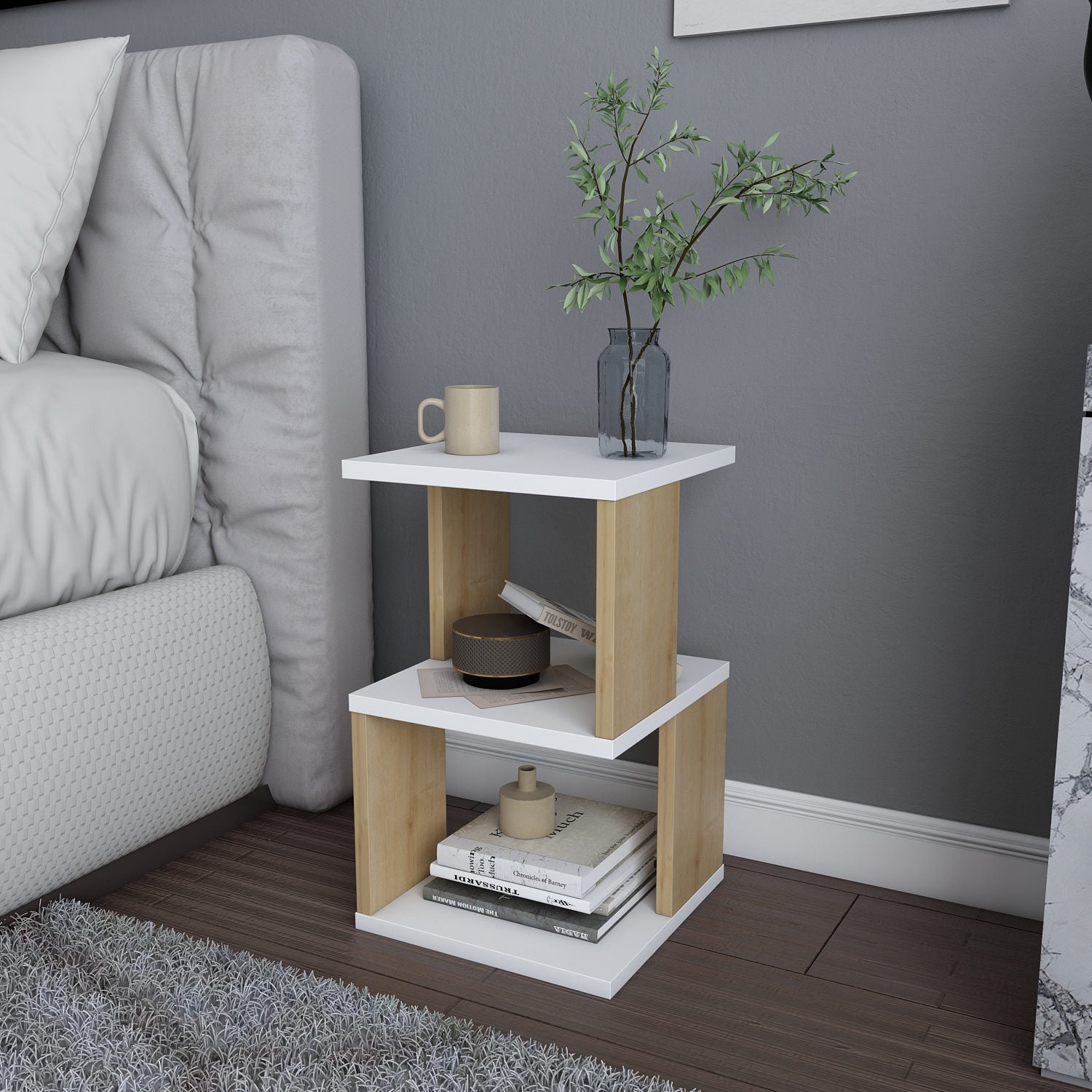 Mesa de Cabeceira Escandinava, Branca e Carvalho, 29,6 x 29,6 x 49,4 cm | Painel de Partículas 100% Revestido com Melamina, 18 mm de Espessura | Solução de Armazenamento Elegante e Funcional