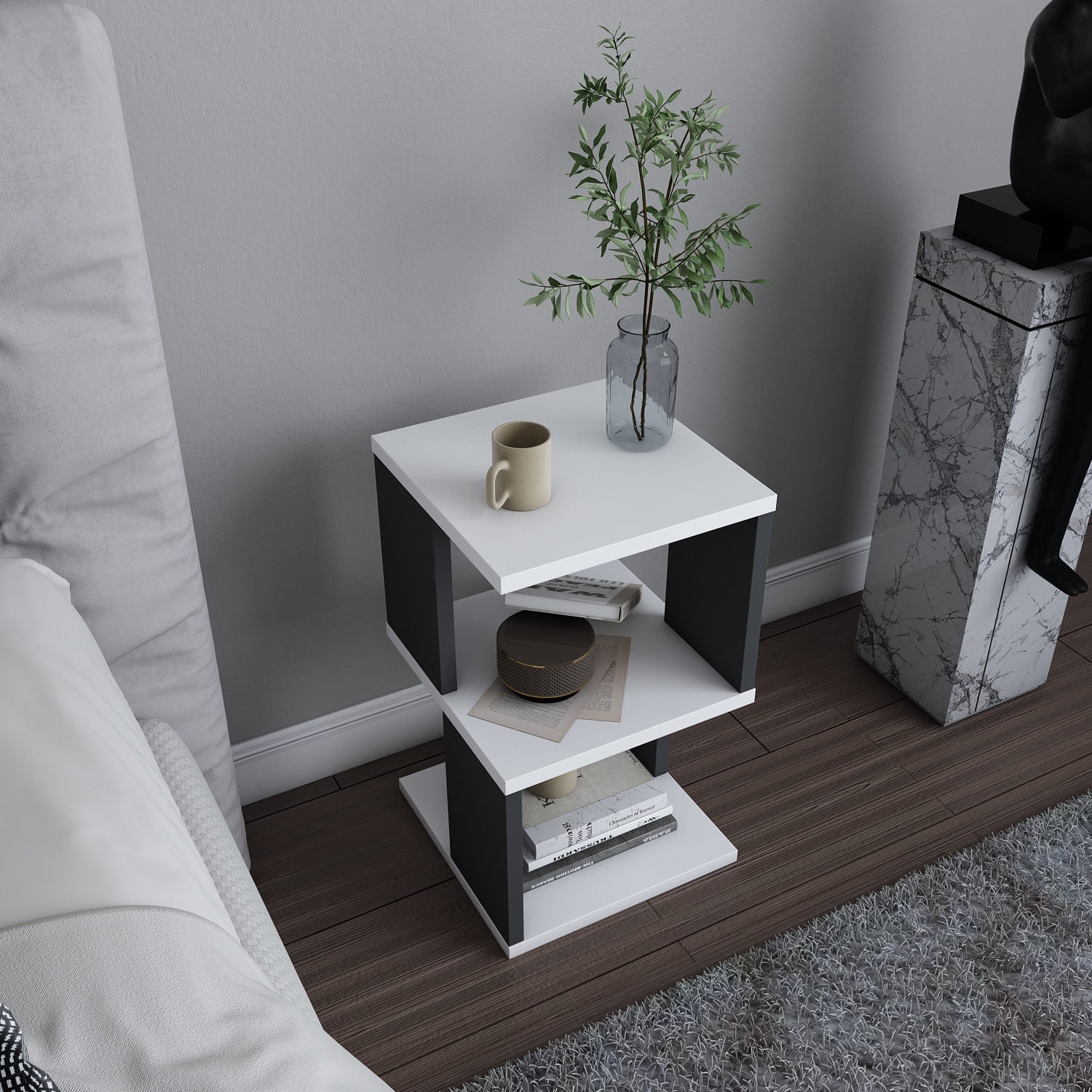 Mesa de Cabeceira Escandinava, Branca e Antracite, 29,6 x 29,6 x 49,4 cm | Painel de Partículas 100% Revestido com Melamina, 18 mm de Espessura | Solução de Armazenamento Elegante e Funcional