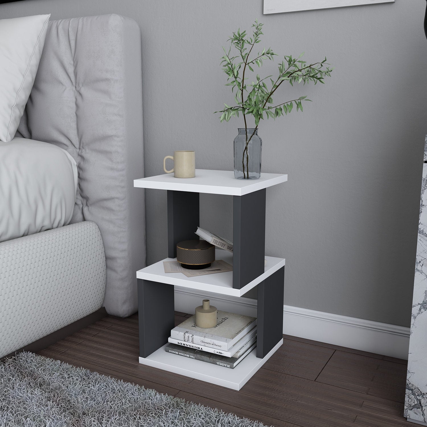Mesa de Cabeceira Escandinava, Branca e Antracite, 29,6 x 29,6 x 49,4 cm | Painel de Partículas 100% Revestido com Melamina, 18 mm de Espessura | Solução de Armazenamento Elegante e Funcional