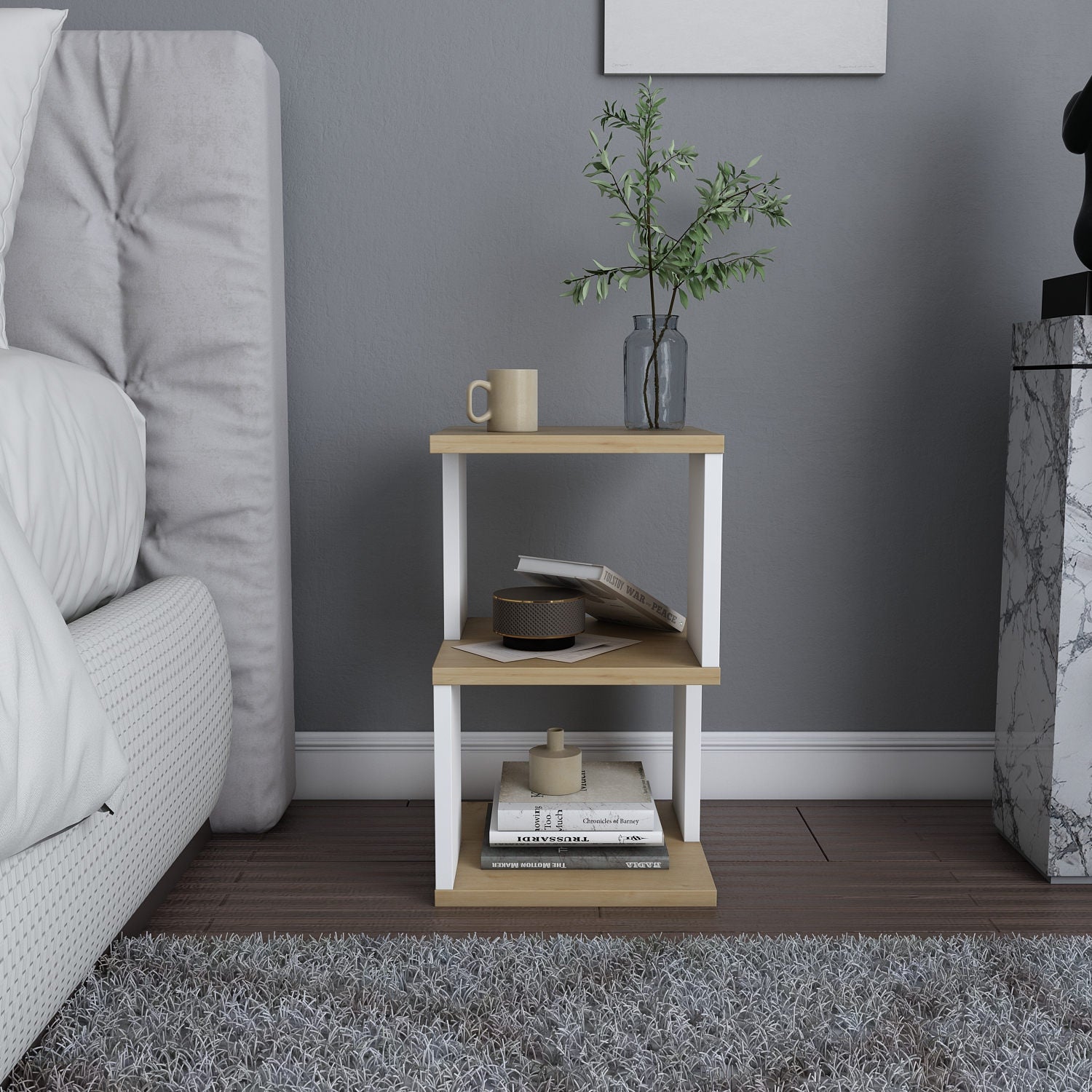 Mesa de Cabeceira Escandinava, Carvalho e Branco, 29,6 x 29,6 x 49,4 cm | Painel de Partículas 100% Revestido com Melamina, 18 mm de Espessura | Solução de Armazenamento Elegante e Funcional