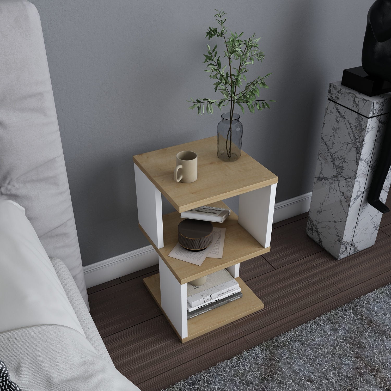 Mesa de Cabeceira Escandinava, Carvalho e Branco, 29,6 x 29,6 x 49,4 cm | Painel de Partículas 100% Revestido com Melamina, 18 mm de Espessura | Solução de Armazenamento Elegante e Funcional