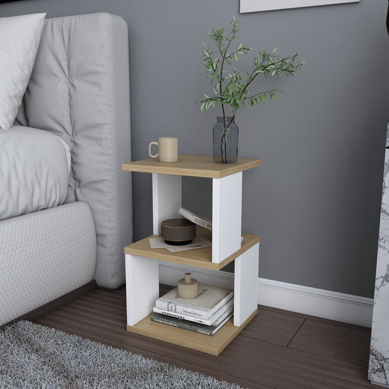 Mesa de Cabeceira Escandinava, Carvalho e Branco, 29,6 x 29,6 x 49,4 cm | Painel de Partículas 100% Revestido com Melamina, 18 mm de Espessura | Solução de Armazenamento Elegante e Funcional