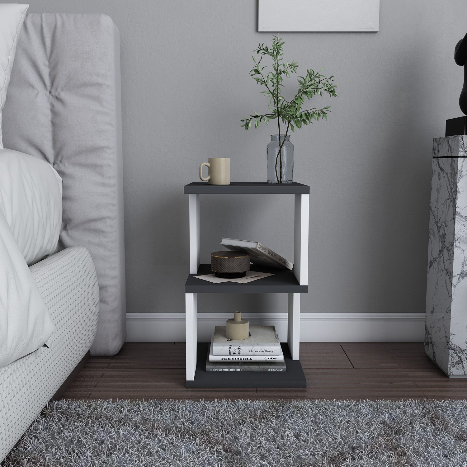 Mesa de Cabeceira Escandinava, Antracite e Branco, 29,6 x 29,6 x 49,4 cm | Painel de Partículas 100% Revestido com Melamina, 18 mm de Espessura | Solução de Armazenamento Elegante e Funcional