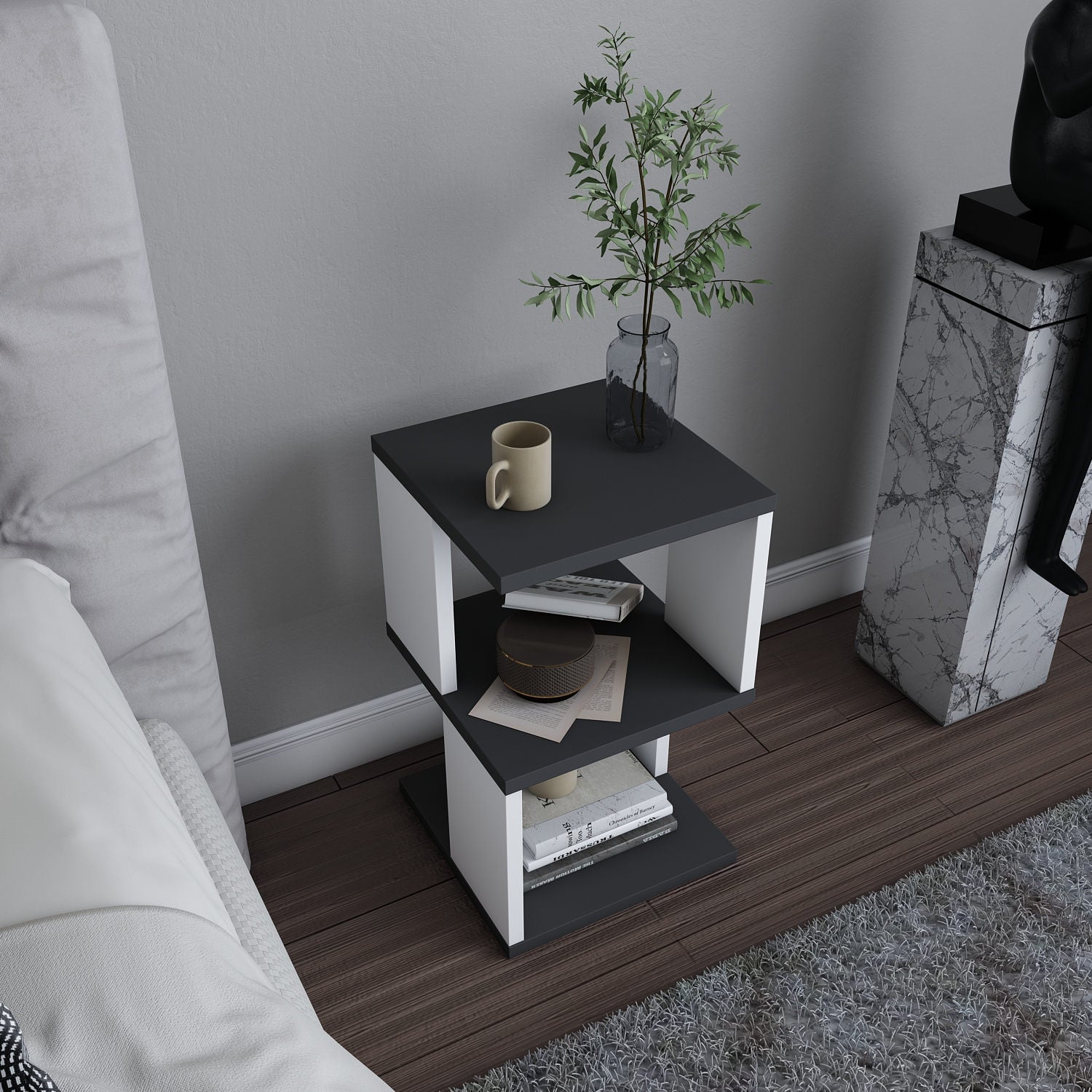 Mesa de Cabeceira Escandinava, Antracite e Branco, 29,6 x 29,6 x 49,4 cm | Painel de Partículas 100% Revestido com Melamina, 18 mm de Espessura | Solução de Armazenamento Elegante e Funcional
