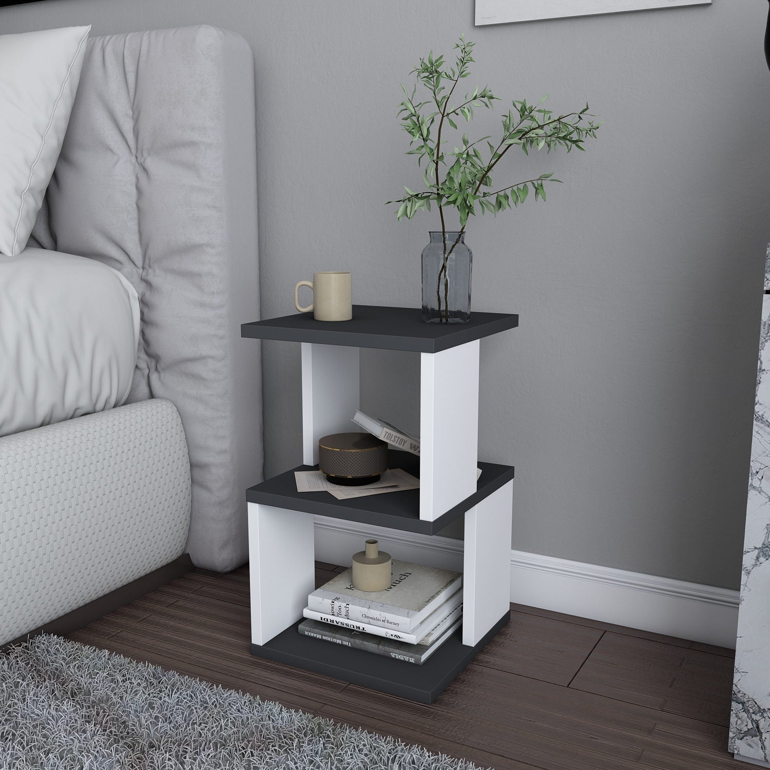 Mesa de Cabeceira Escandinava, Antracite e Branco, 29,6 x 29,6 x 49,4 cm | Painel de Partículas 100% Revestido com Melamina, 18 mm de Espessura | Solução de Armazenamento Elegante e Funcional