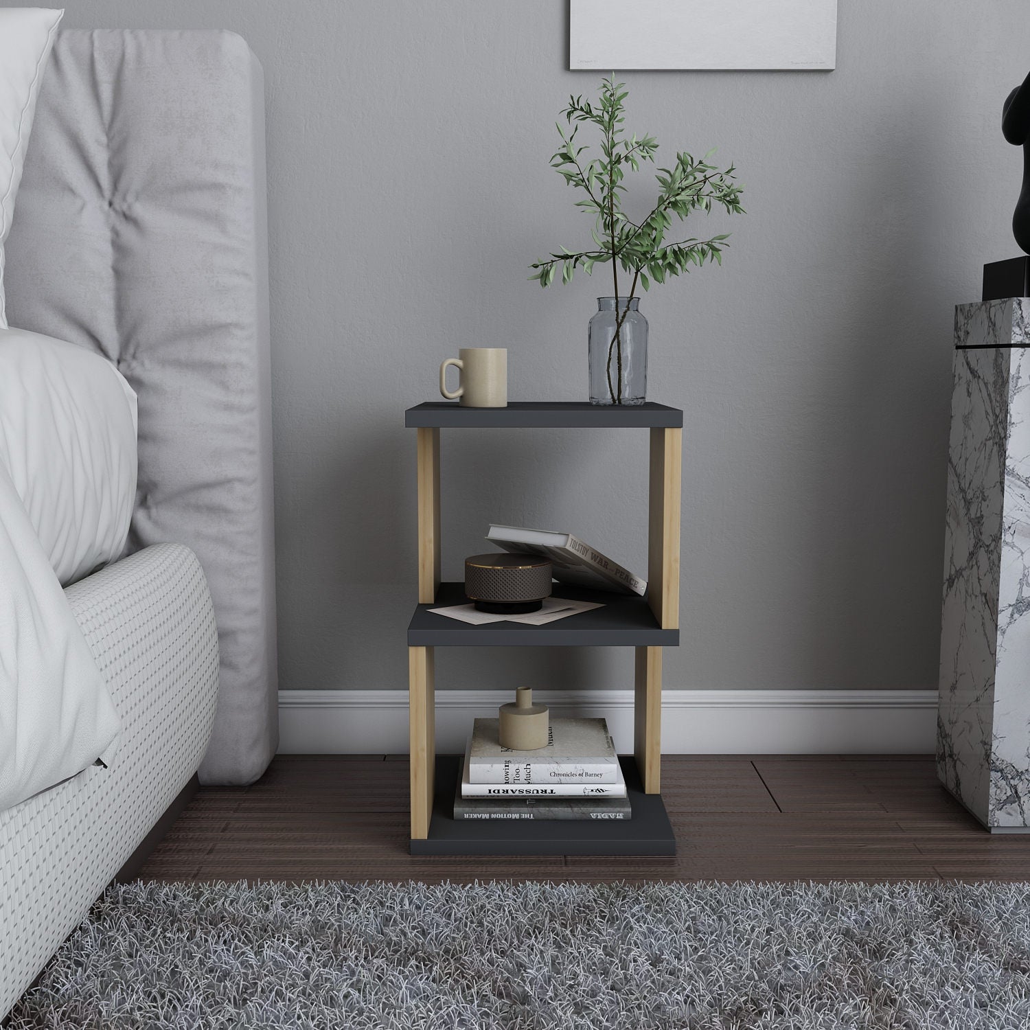 Mesa de Cabeceira Escandinava, Antracite e Carvalho, 29,6 x 29,6 x 49,4 cm | Painel de Partículas 100% Revestido com Melamina, 18 mm de Espessura | Solução de Armazenamento Elegante e Funcional