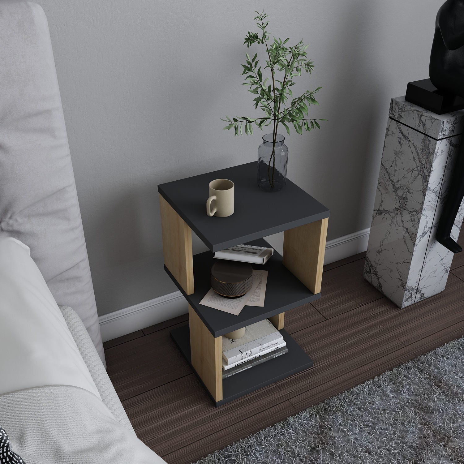 Mesa de Cabeceira Escandinava, Antracite e Carvalho, 29,6 x 29,6 x 49,4 cm | Painel de Partículas 100% Revestido com Melamina, 18 mm de Espessura | Solução de Armazenamento Elegante e Funcional