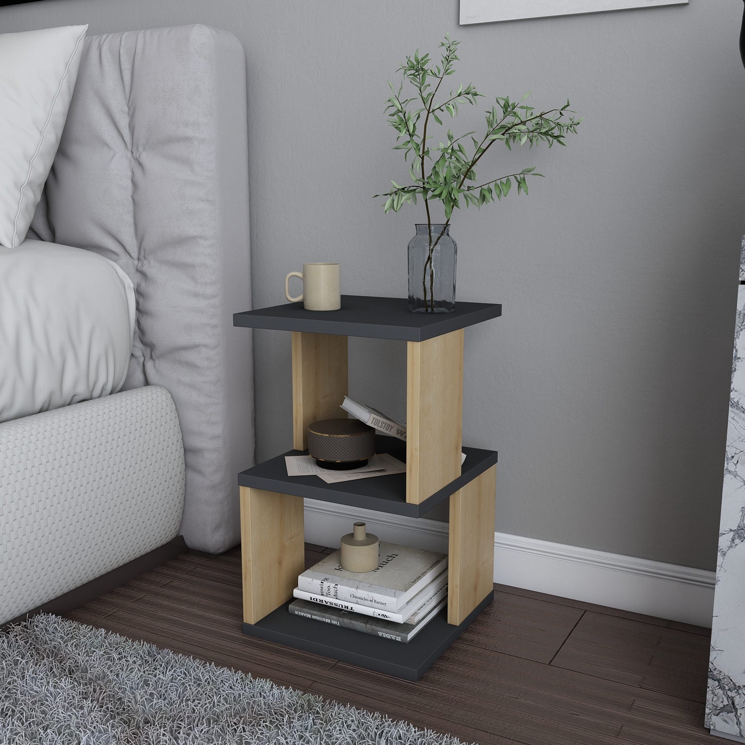 Mesa de Cabeceira Escandinava, Antracite e Carvalho, 29,6 x 29,6 x 49,4 cm | Painel de Partículas 100% Revestido com Melamina, 18 mm de Espessura | Solução de Armazenamento Elegante e Funcional