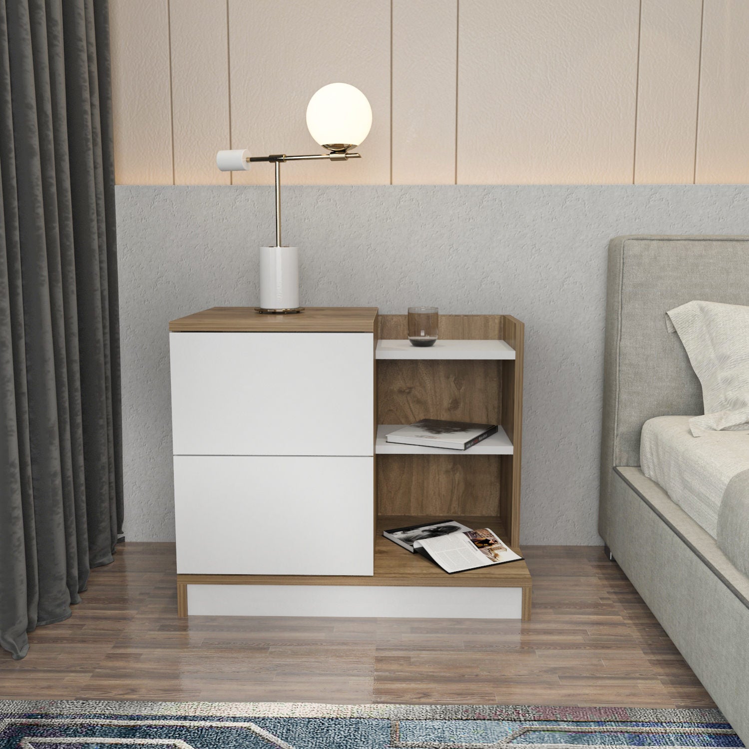 Mesa de Cabeceira Escandinava, Branca e Nogueira, 72 x 45 x 60 cm | Painel de Partículas 100% Revestido em Melamina, 18 mm de Espessura | Elegante e Funcional para Quartos Modernos