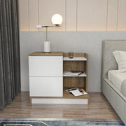 Mesa de Cabeceira Escandinava, Branca e Nogueira, 72 x 45 x 60 cm | Painel de Partículas 100% Revestido em Melamina, 18 mm de Espessura | Elegante e Funcional para Quartos Modernos