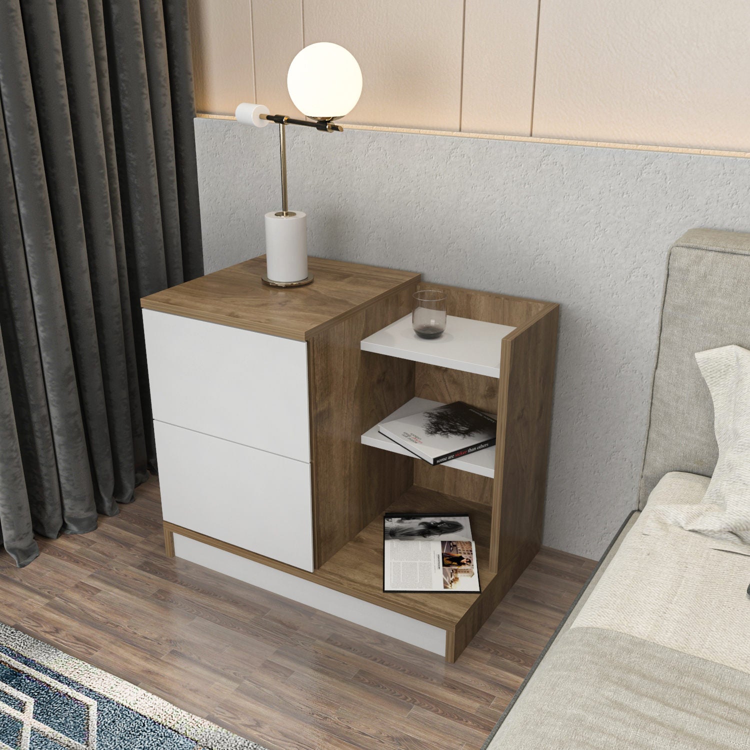 Mesa de Cabeceira Escandinava, Branca e Nogueira, 72 x 45 x 60 cm | Painel de Partículas 100% Revestido em Melamina, 18 mm de Espessura | Elegante e Funcional para Quartos Modernos