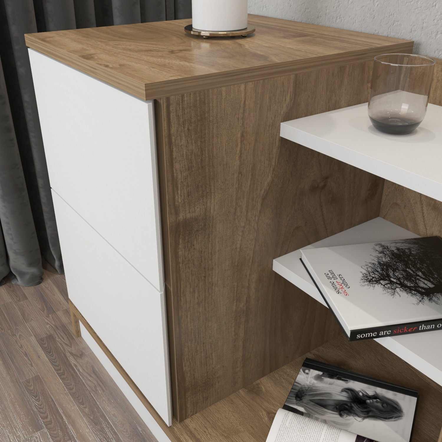 Mesa de Cabeceira Escandinava, Branca e Nogueira, 72 x 45 x 60 cm | Painel de Partículas 100% Revestido em Melamina, 18 mm de Espessura | Elegante e Funcional para Quartos Modernos