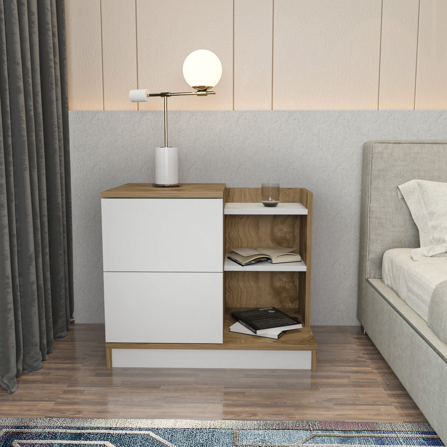 Mesa de Cabeceira Escandinava, Branca e Carvalho, 72 x 45 x 60 cm | Painel de Partículas 100% Revestido em Melamina, 18 mm de Espessura | Elegante e Funcional para Quartos Modernos