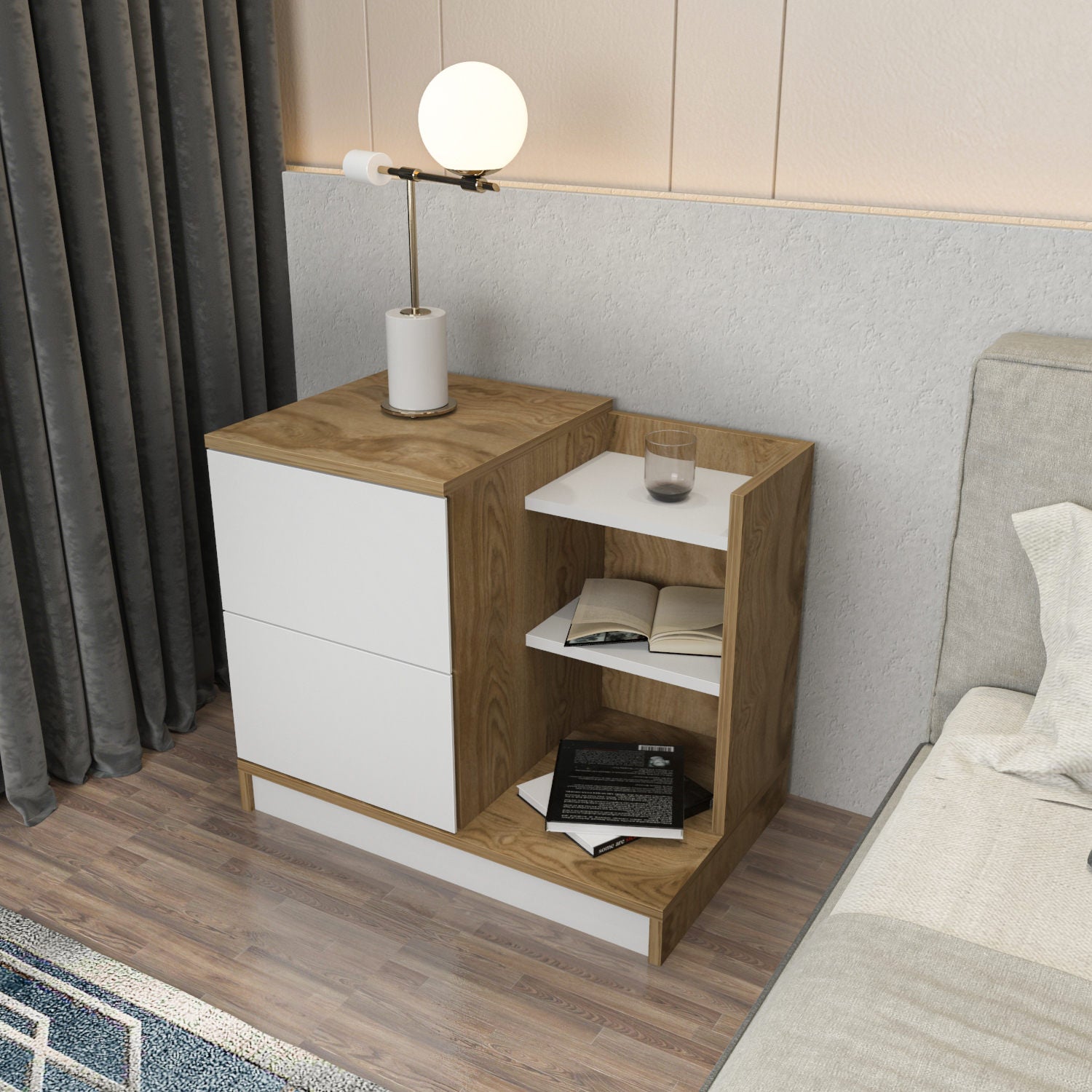 Mesa de Cabeceira Escandinava, Branca e Carvalho, 72 x 45 x 60 cm | Painel de Partículas 100% Revestido em Melamina, 18 mm de Espessura | Elegante e Funcional para Quartos Modernos