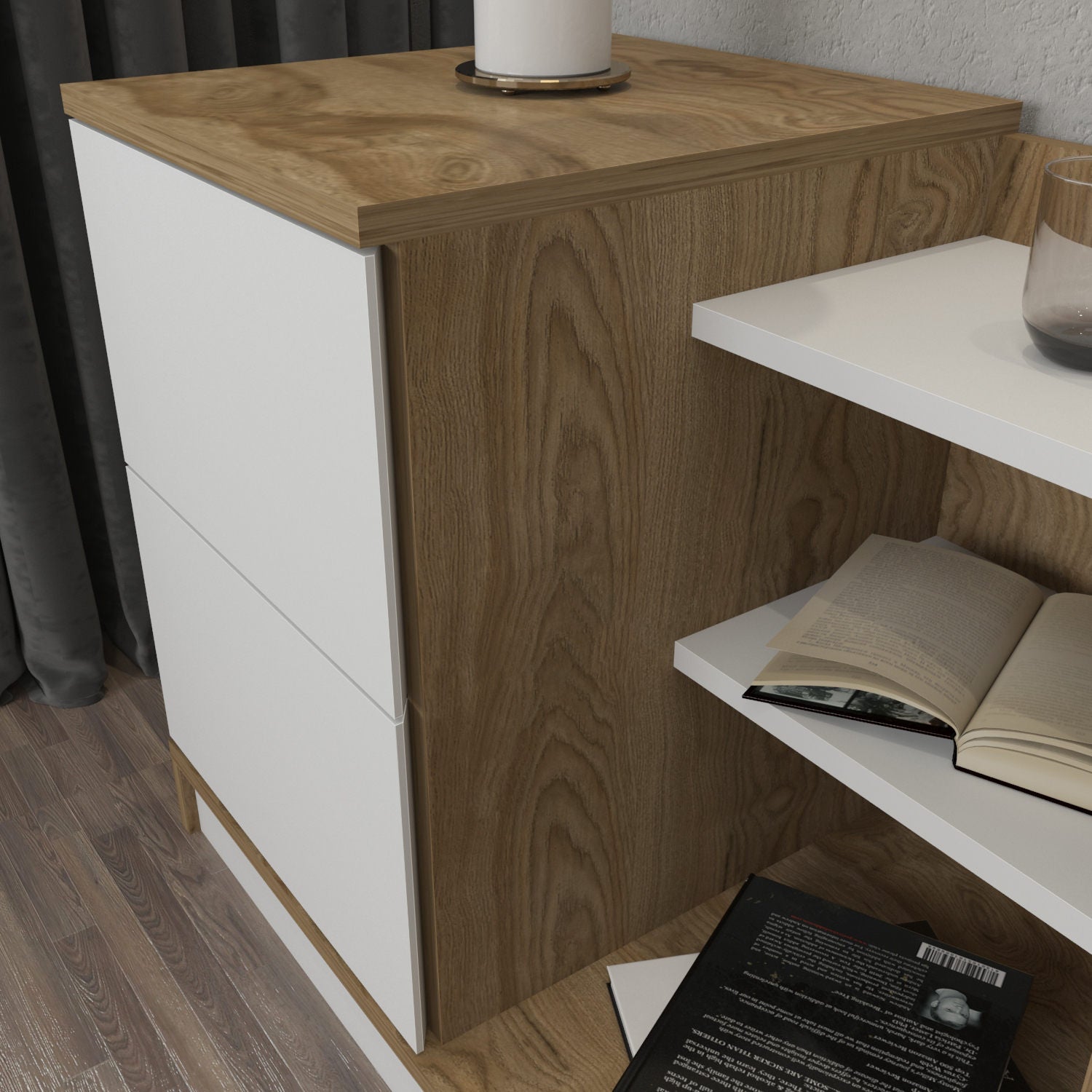 Mesa de Cabeceira Escandinava, Branca e Carvalho, 72 x 45 x 60 cm | Painel de Partículas 100% Revestido em Melamina, 18 mm de Espessura | Elegante e Funcional para Quartos Modernos