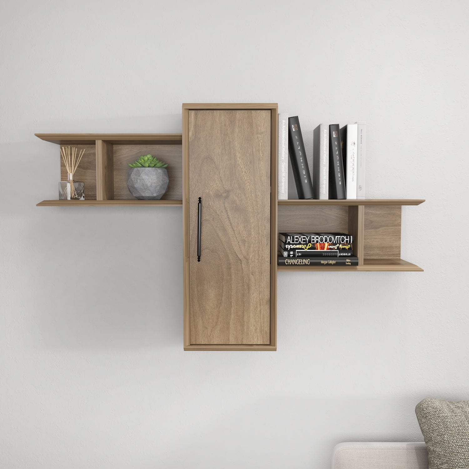Prateleira de parede elegante em nogueira, 118,6 x 35 x 51,8 cm | Painel de partículas 100% revestido em melamina, 18 mm de espessura | Solução de armazenamento elegante para casas modernas