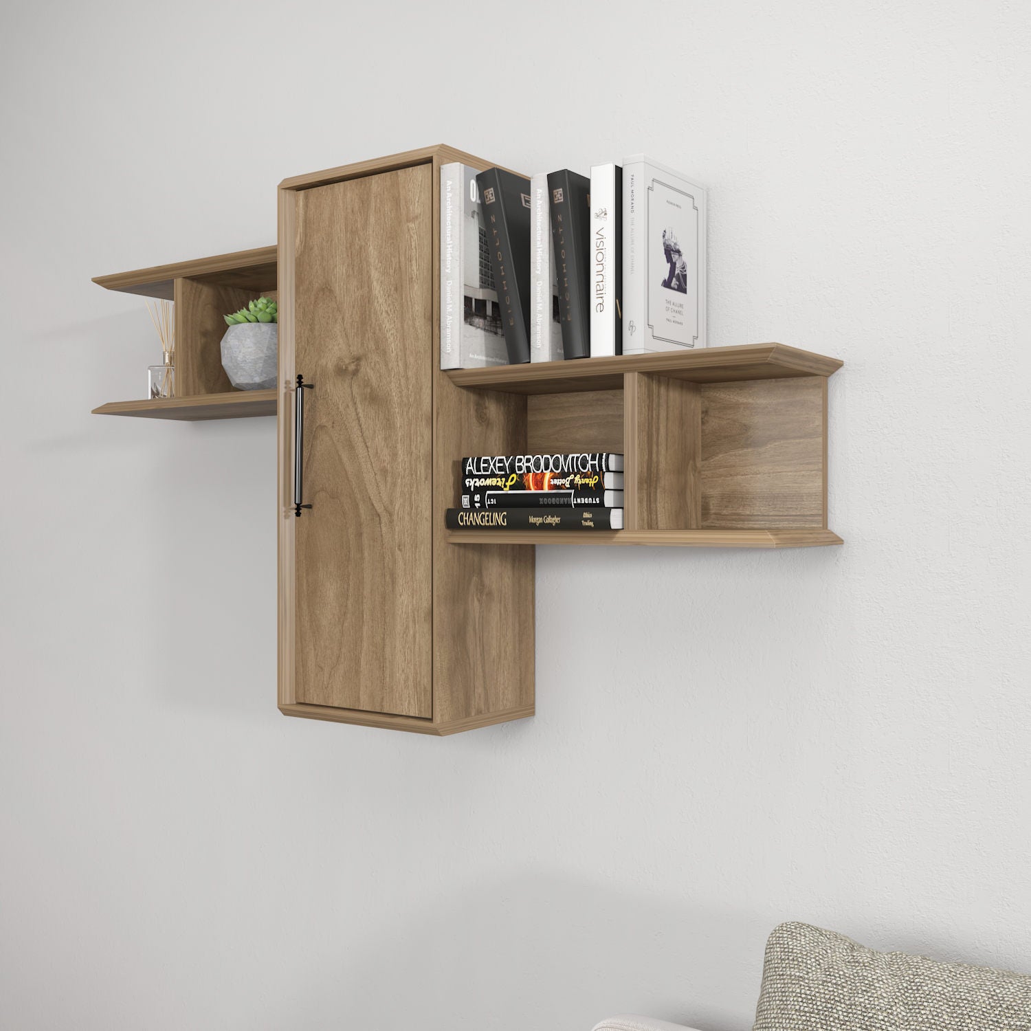 Prateleira de parede elegante em nogueira, 118,6 x 35 x 51,8 cm | Painel de partículas 100% revestido em melamina, 18 mm de espessura | Solução de armazenamento elegante para casas modernas
