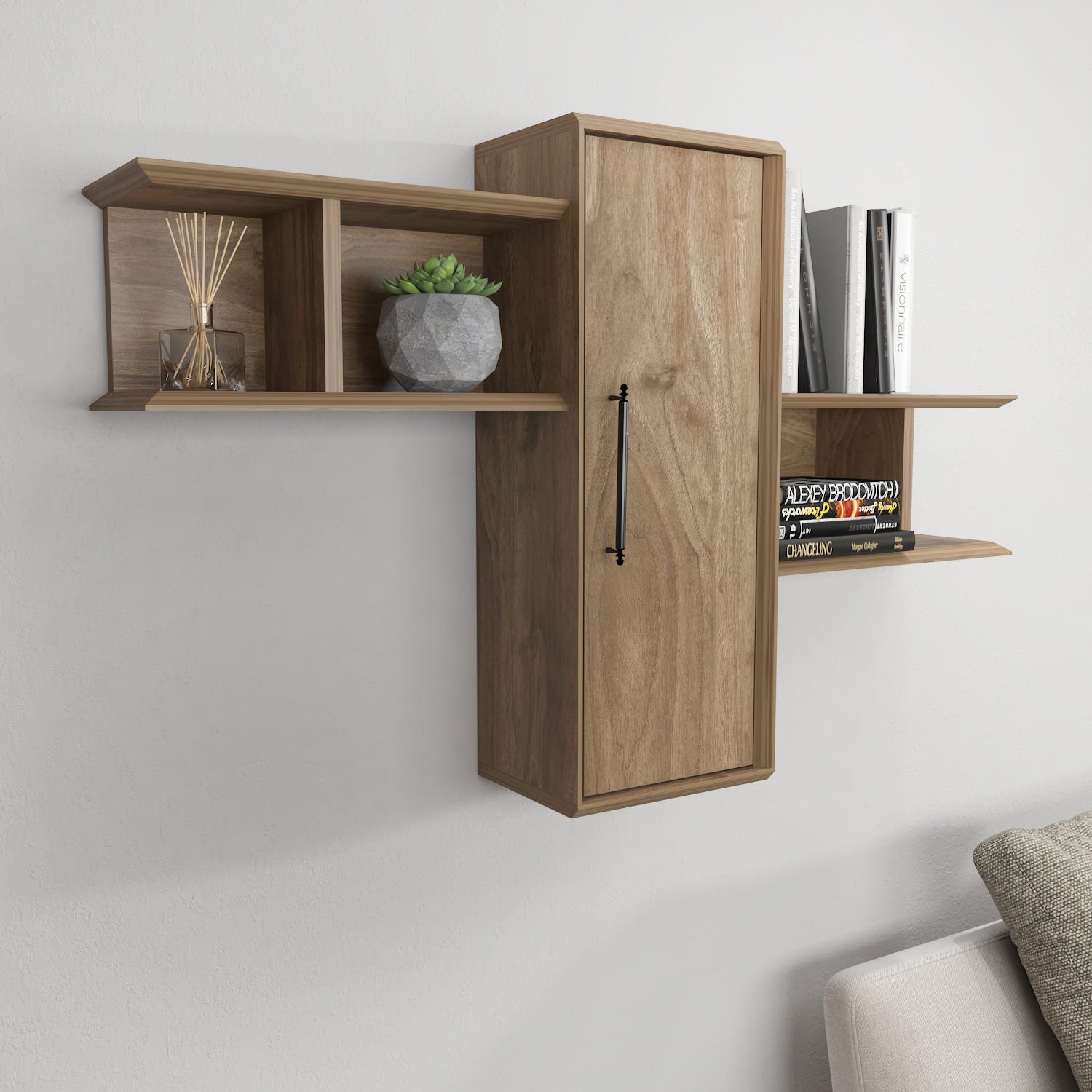 Prateleira de parede elegante em nogueira, 118,6 x 35 x 51,8 cm | Painel de partículas 100% revestido em melamina, 18 mm de espessura | Solução de armazenamento elegante para casas modernas