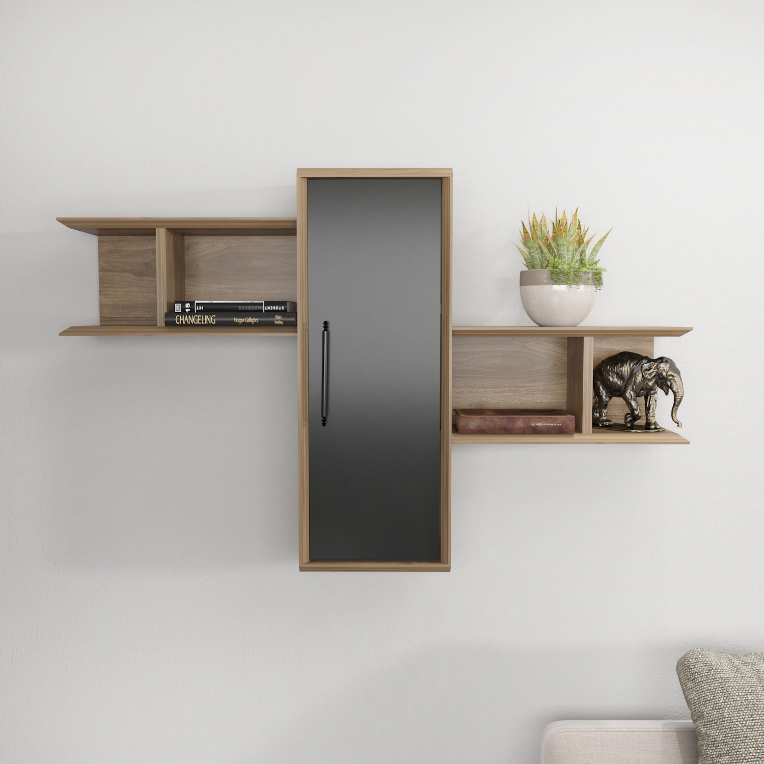Prateleira de parede elegante, nogueira e preta, 118,6 x 35 x 51,8 cm | Painel de partículas 100% revestido de melamina, 18 mm de espessura | Perfeito para decoração e armazenamento de casa moderna
