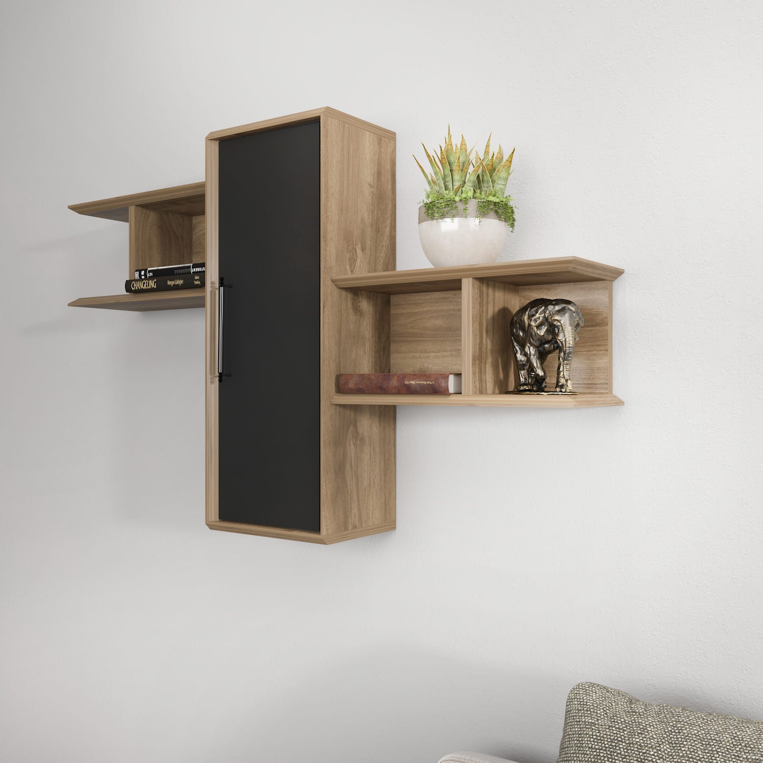 Prateleira de parede elegante, nogueira e preta, 118,6 x 35 x 51,8 cm | Painel de partículas 100% revestido de melamina, 18 mm de espessura | Perfeito para decoração e armazenamento de casa moderna