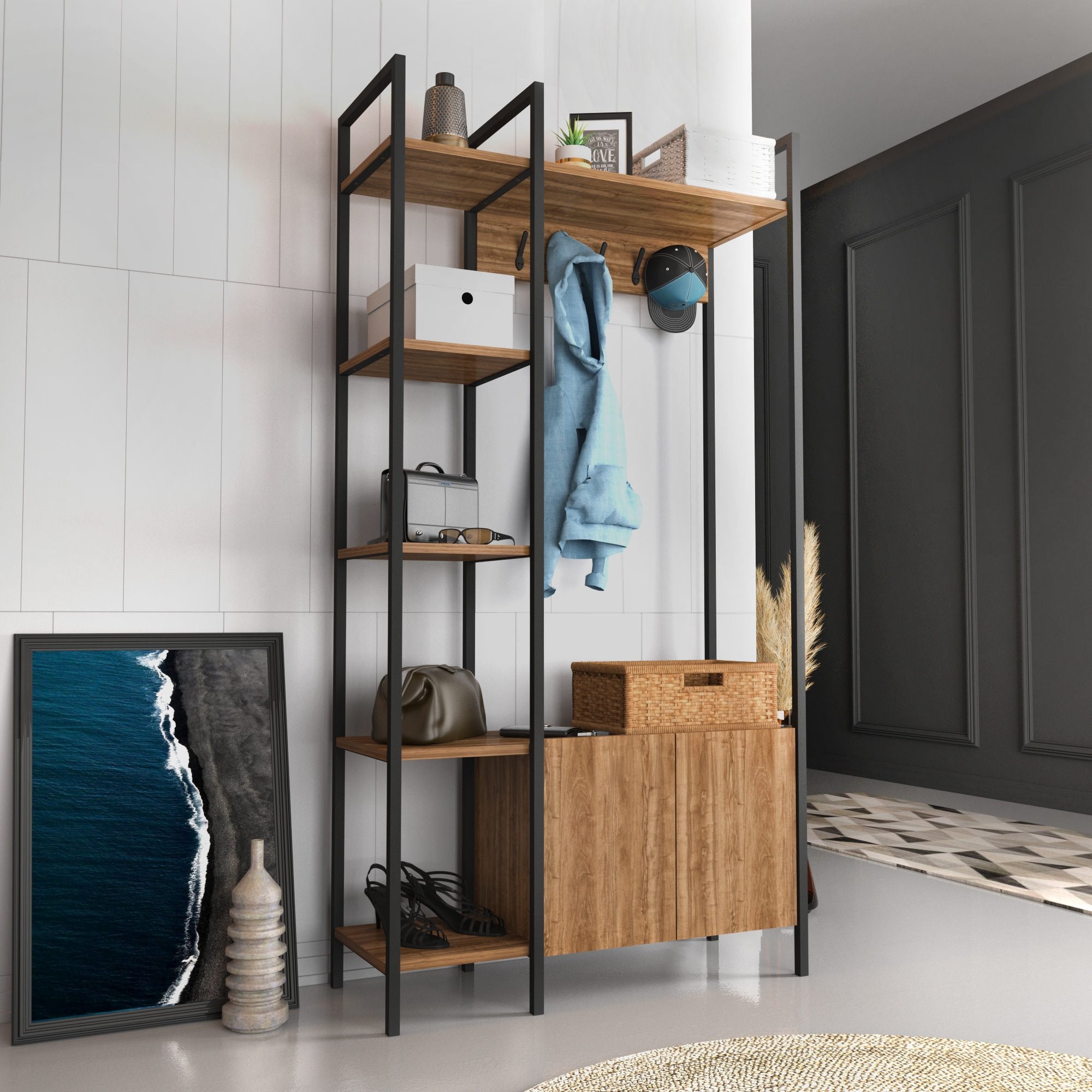 Suporte Industrial para Hall, Nogueira e Preto, 90 x 35 x 175 cm | Painel de Partículas 100% Revestido com Melamina, 18 mm de Espessura | Solução de Armazenamento Elegante para Entradas