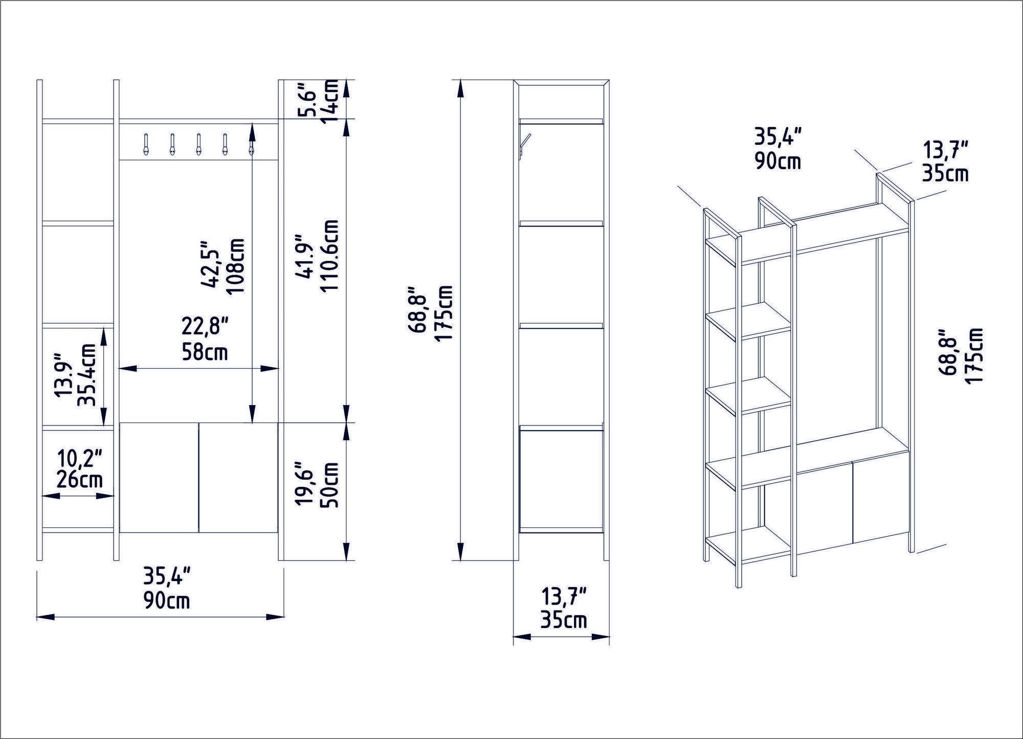 Suporte Industrial para Hall, Nogueira e Preto, 90 x 35 x 175 cm | Painel de Partículas 100% Revestido com Melamina, 18 mm de Espessura | Solução de Armazenamento Elegante para Entradas