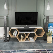 Suporte de TV elegante, Branco e Sonamo, 140 x 29,6 x 55,5 cm | Painel de partículas 100% revestido em melamina, 18 mm de espessura | Design moderno para salas de estar e espaços de entretenimento