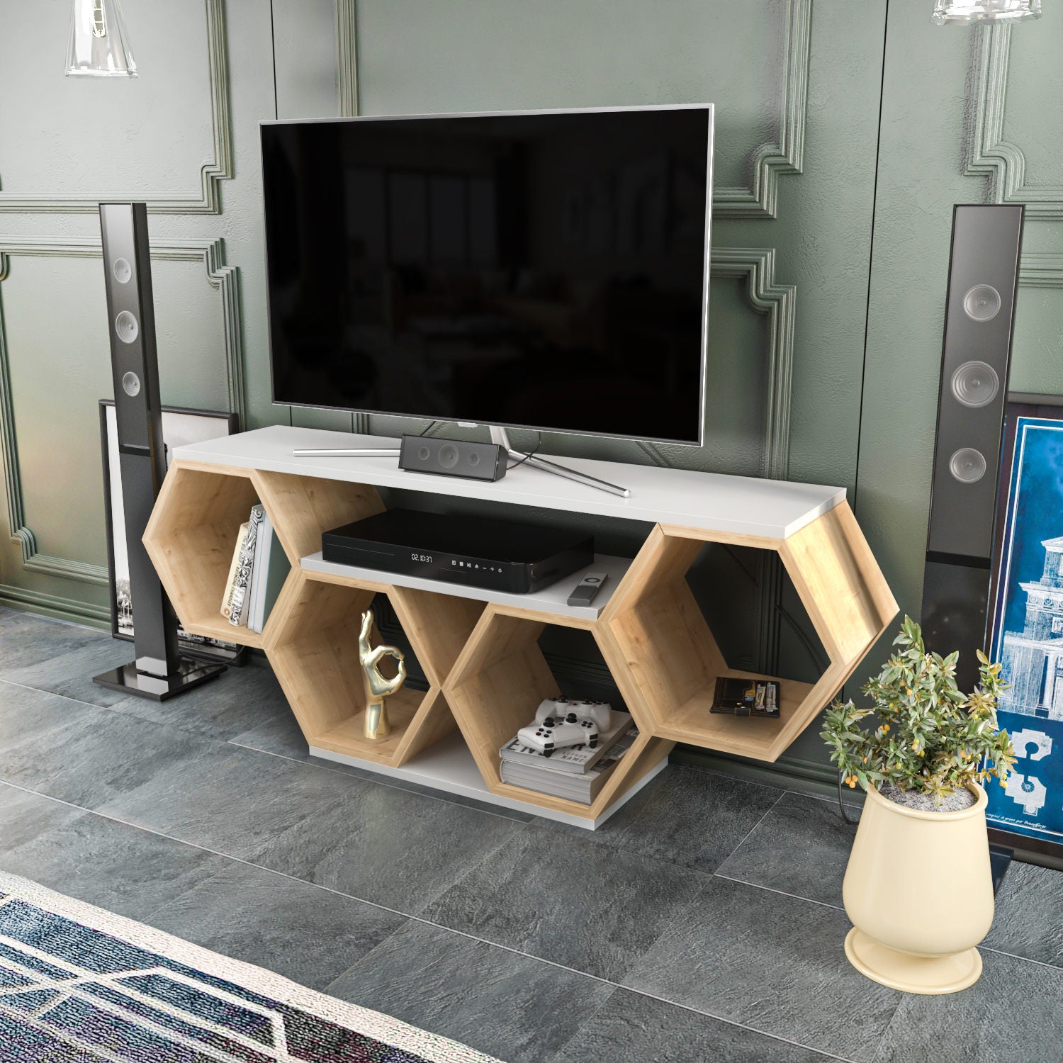Suporte de TV elegante, Branco e Sonamo, 140 x 29,6 x 55,5 cm | Painel de partículas 100% revestido em melamina, 18 mm de espessura | Design moderno para salas de estar e espaços de entretenimento
