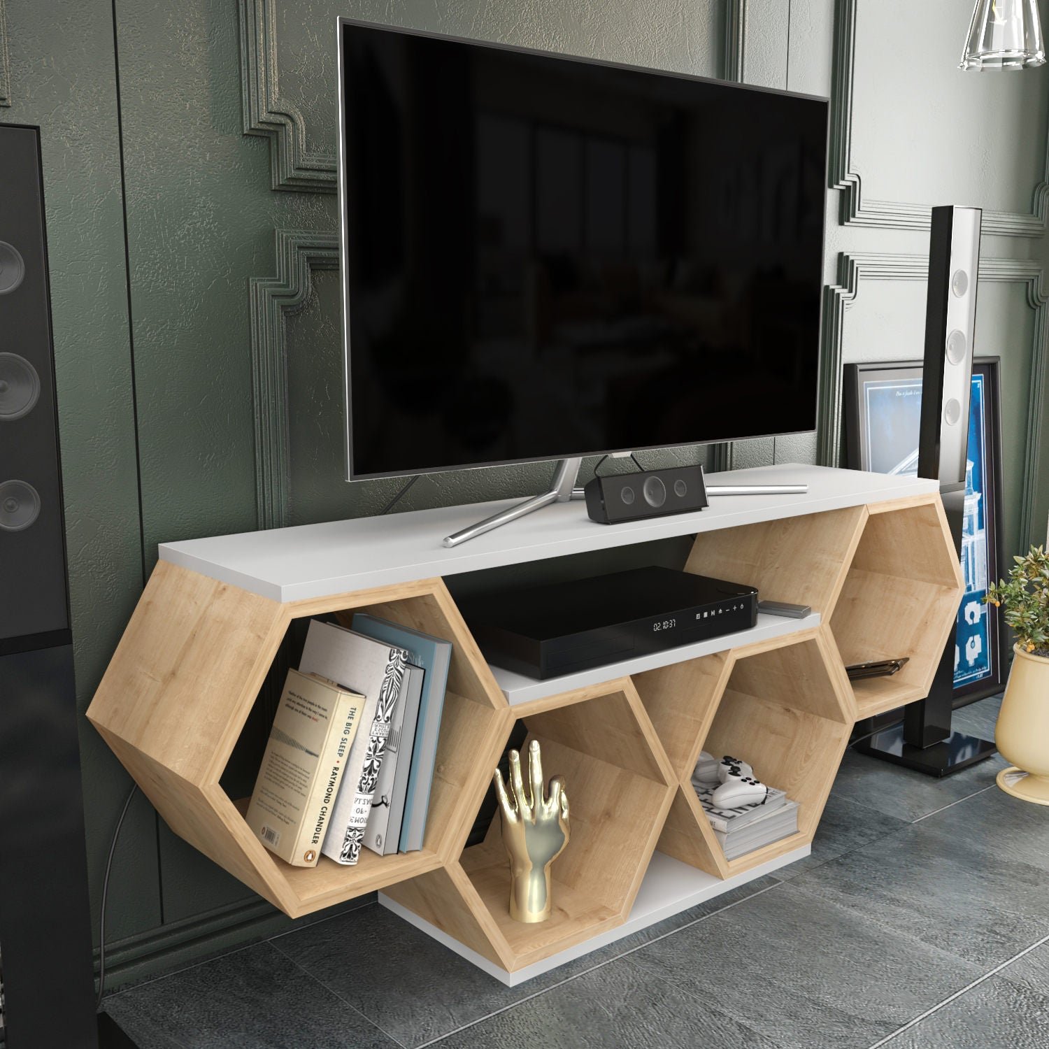 Suporte de TV elegante, Branco e Sonamo, 140 x 29,6 x 55,5 cm | Painel de partículas 100% revestido em melamina, 18 mm de espessura | Design moderno para salas de estar e espaços de entretenimento