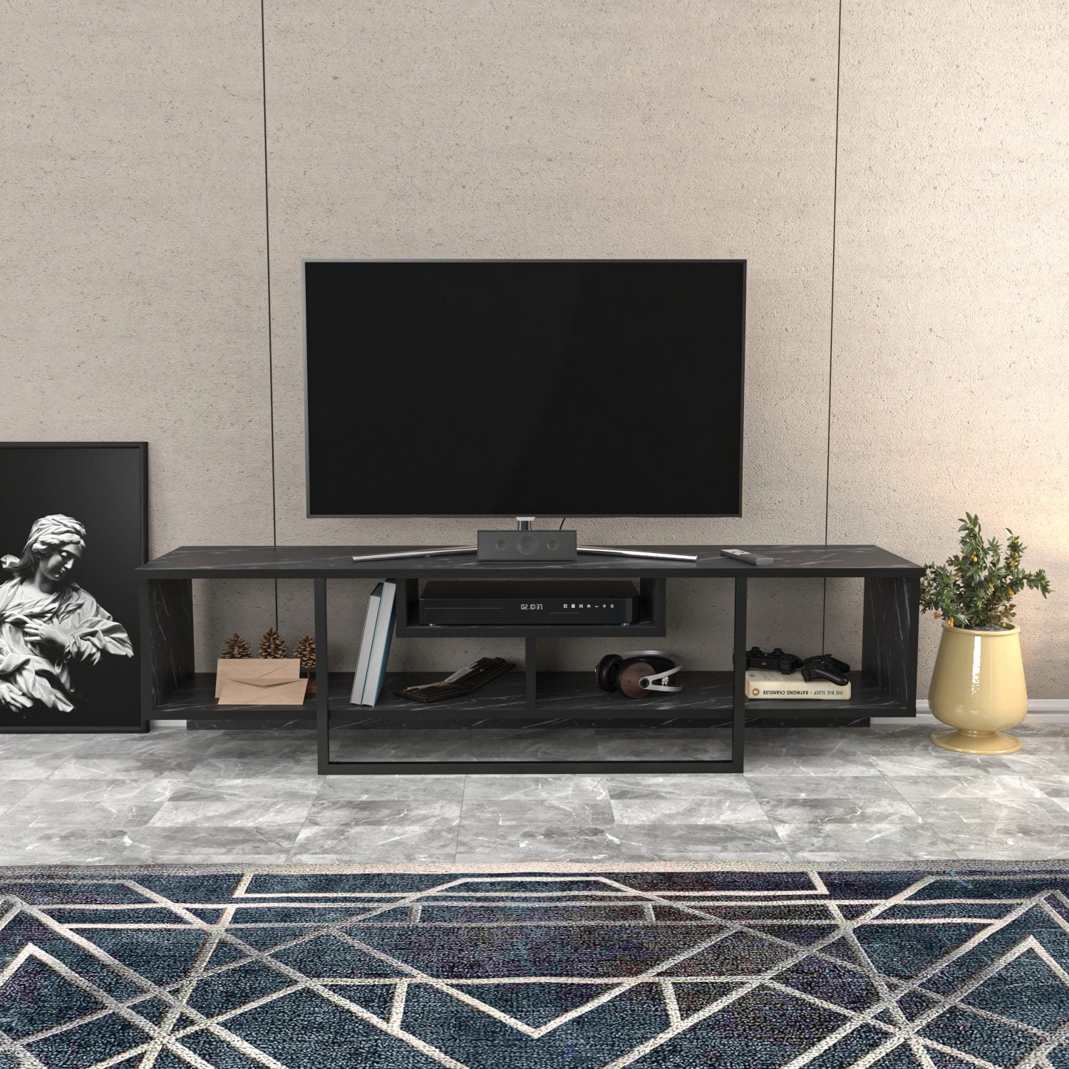 Suporte de TV elegante preto, 150 cm de largura, 35,2 cm de profundidade, 40 cm de altura | Painel de partículas 100% revestido de melamina, 18 mm de espessura | Perfeito para salas de estar modernas