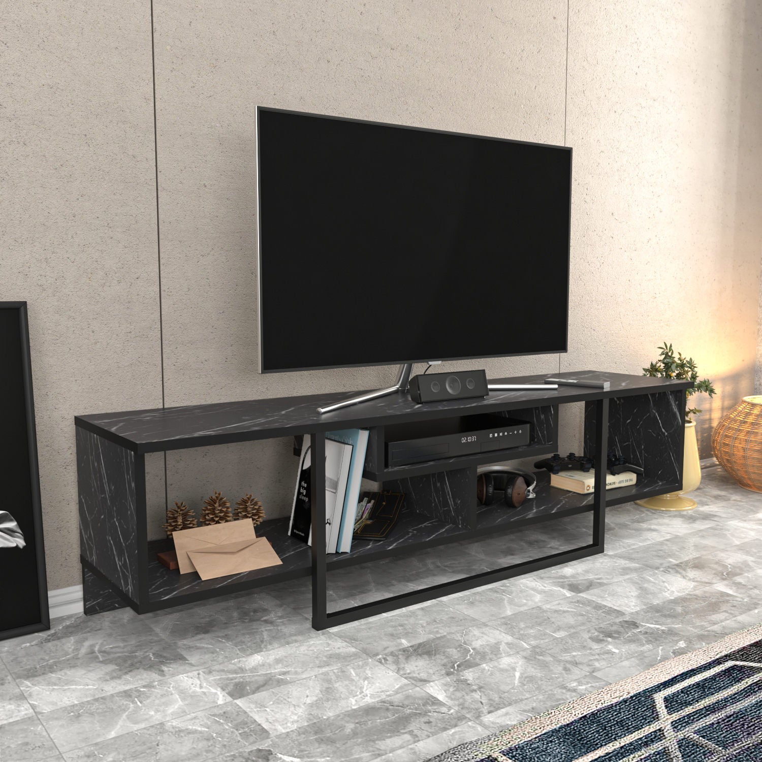 Suporte de TV elegante preto, 150 cm de largura, 35,2 cm de profundidade, 40 cm de altura | Painel de partículas 100% revestido de melamina, 18 mm de espessura | Perfeito para salas de estar modernas