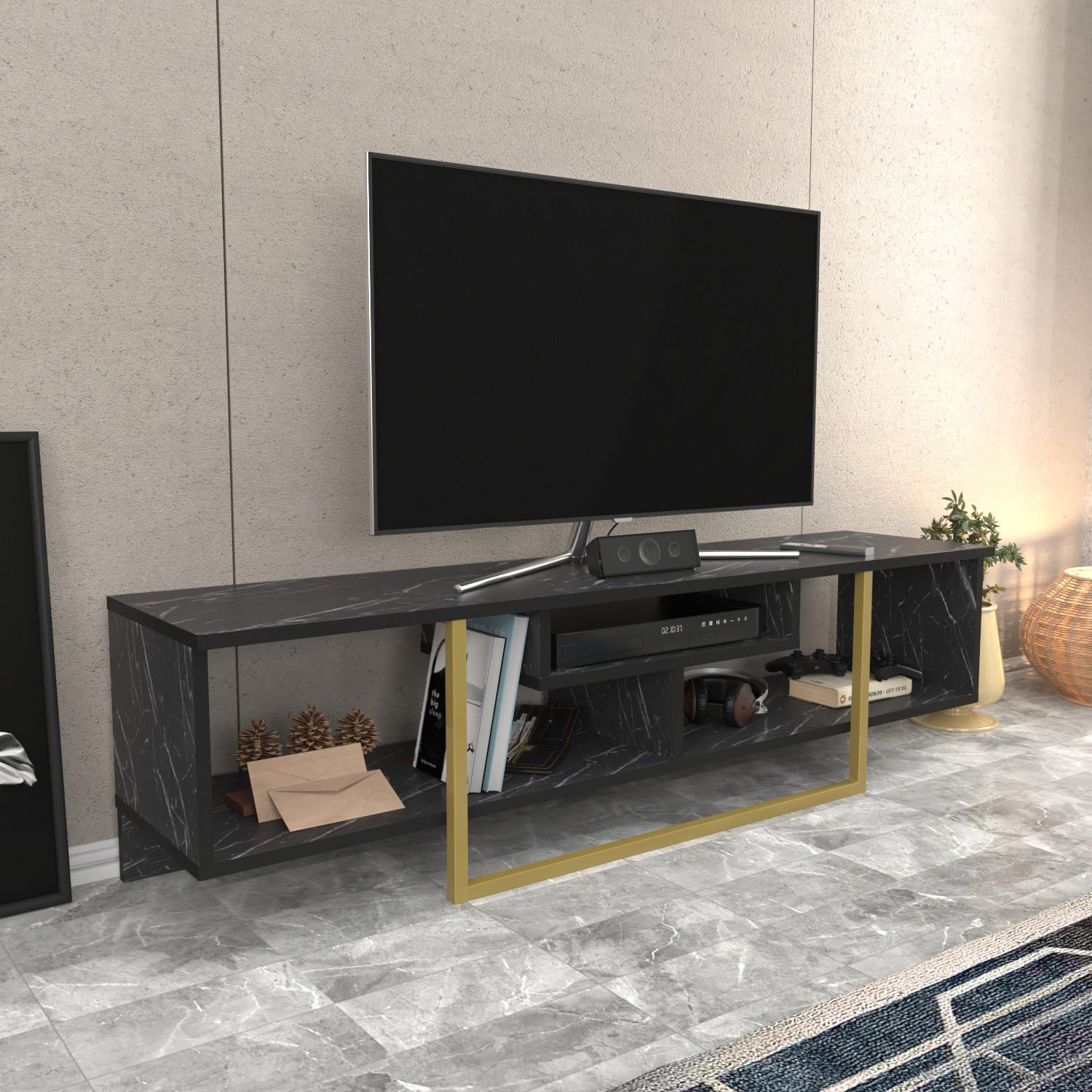 Suporte de TV Glamouroso, Preto e Dourado, 150 cm x 35,2 cm x 40 cm | Painel de partículas 100% revestido em melamina, 18 mm de espessura | Elegante e funcional para salas de estar modernas