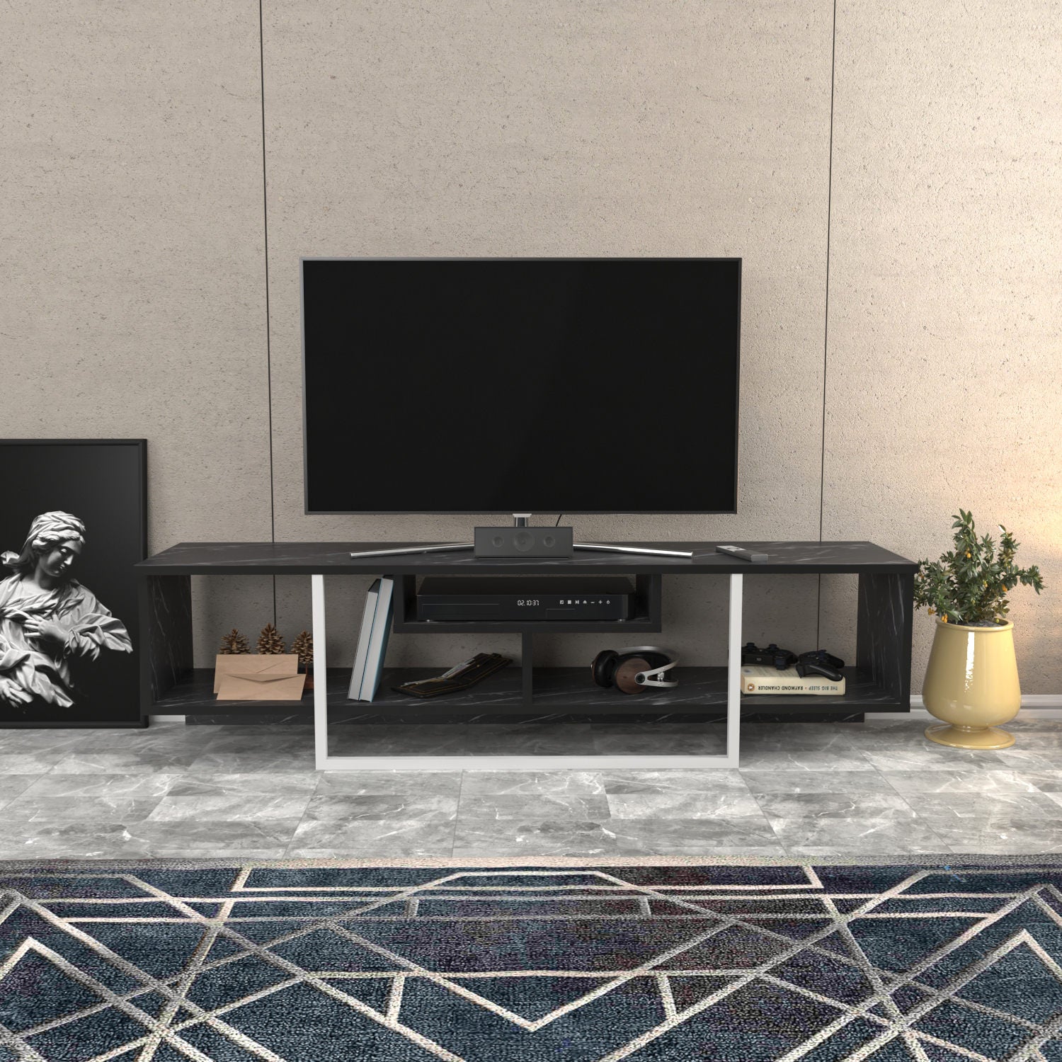 Suporte de TV elegante, preto e branco, 150 cm x 35,2 cm x 40 cm | Painel de partículas 100% revestido de melamina, 18 mm de espessura | Design moderno para salas de estar e espaços de entretenimento