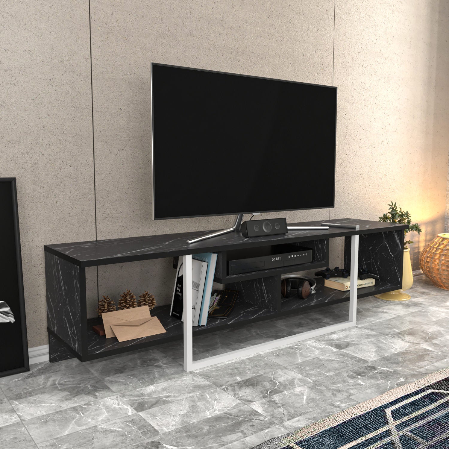 Suporte de TV elegante, preto e branco, 150 cm x 35,2 cm x 40 cm | Painel de partículas 100% revestido de melamina, 18 mm de espessura | Design moderno para salas de estar e espaços de entretenimento
