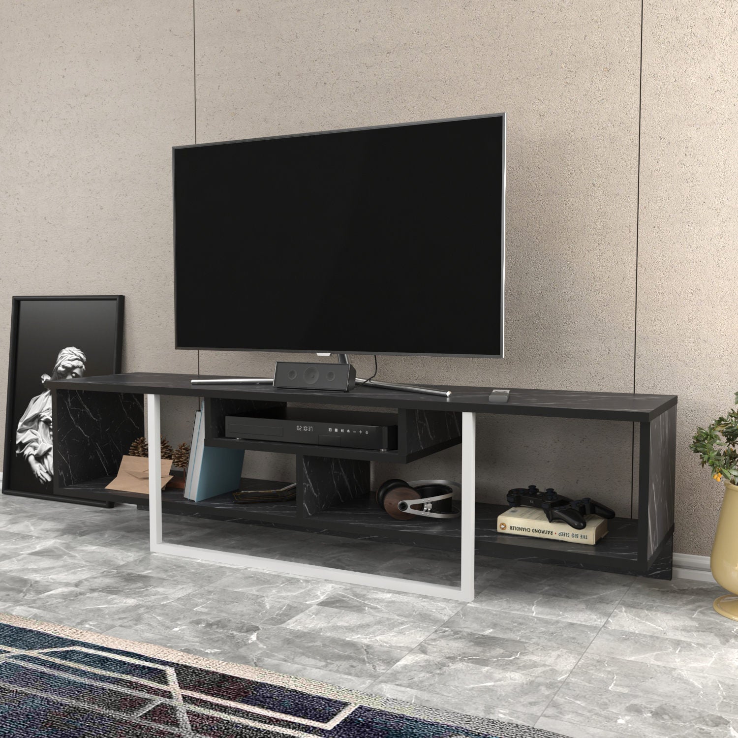 Suporte de TV elegante, preto e branco, 150 cm x 35,2 cm x 40 cm | Painel de partículas 100% revestido de melamina, 18 mm de espessura | Design moderno para salas de estar e espaços de entretenimento