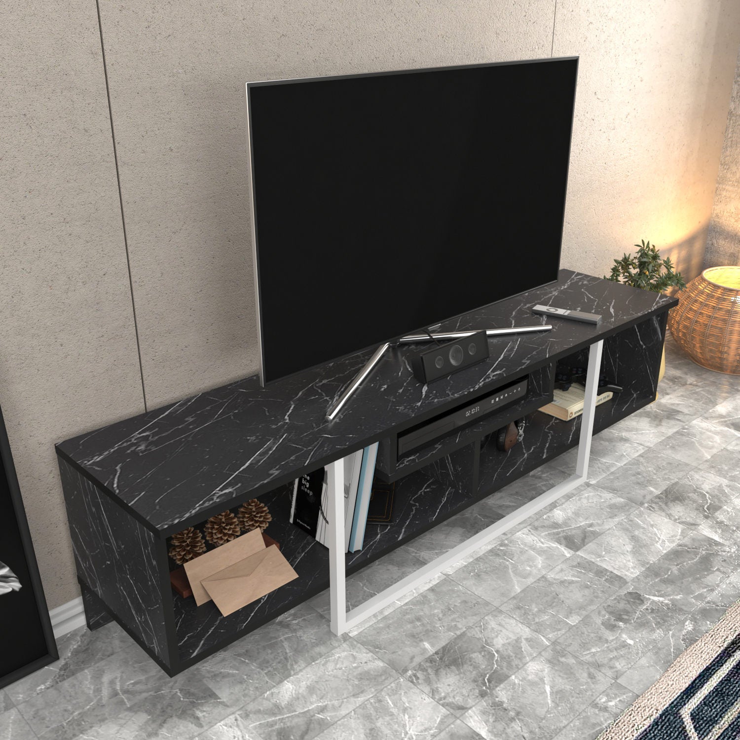 Suporte de TV elegante, preto e branco, 150 cm x 35,2 cm x 40 cm | Painel de partículas 100% revestido de melamina, 18 mm de espessura | Design moderno para salas de estar e espaços de entretenimento