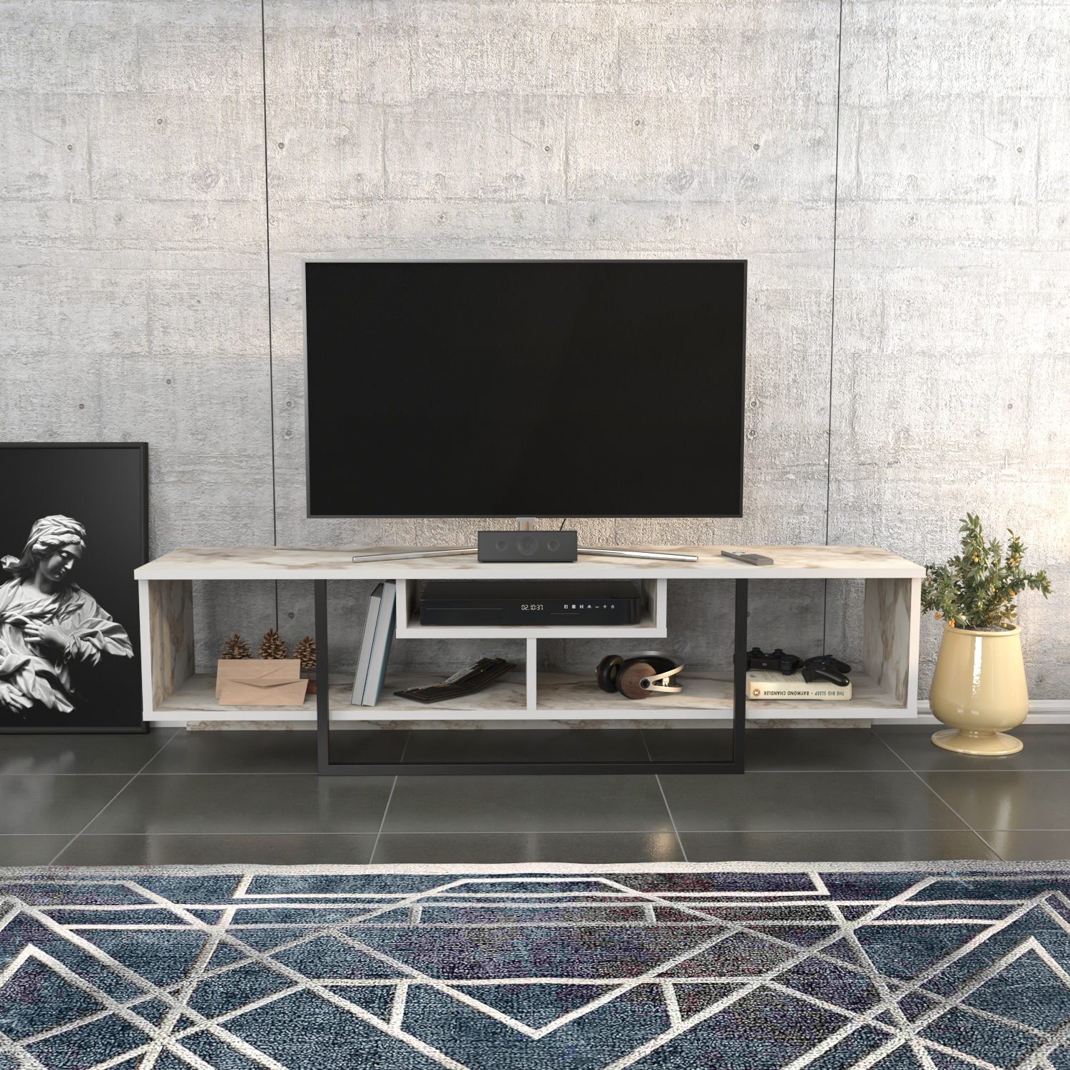 Suporte de TV elegante, preto e branco, 150 cm x 35,2 cm x 40 cm | Painel de partículas 100% revestido de melamina, 18 mm de espessura | Design moderno para salas de estar e espaços de entretenimento