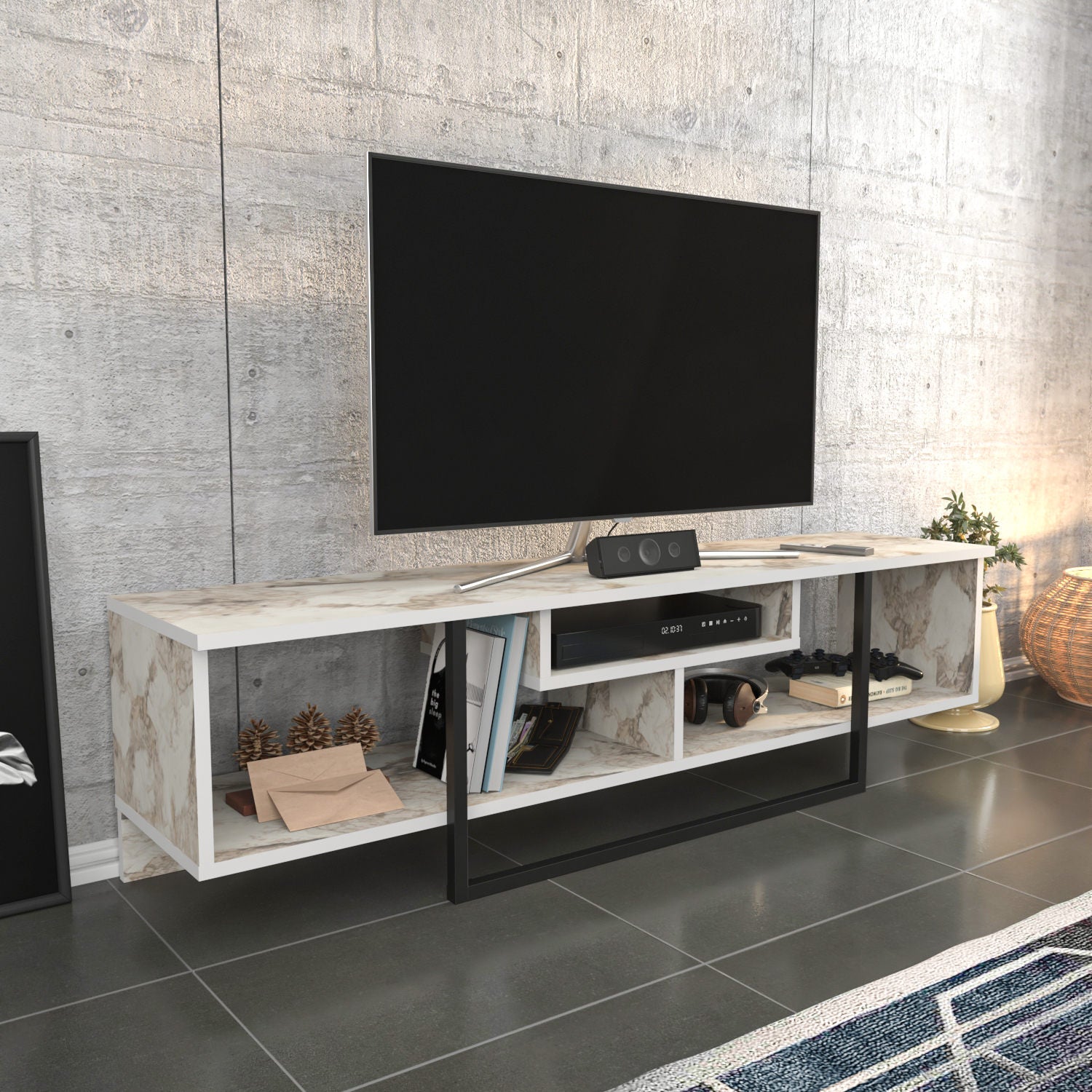 Suporte de TV elegante, preto e branco, 150 cm x 35,2 cm x 40 cm | Painel de partículas 100% revestido de melamina, 18 mm de espessura | Design moderno para salas de estar e espaços de entretenimento