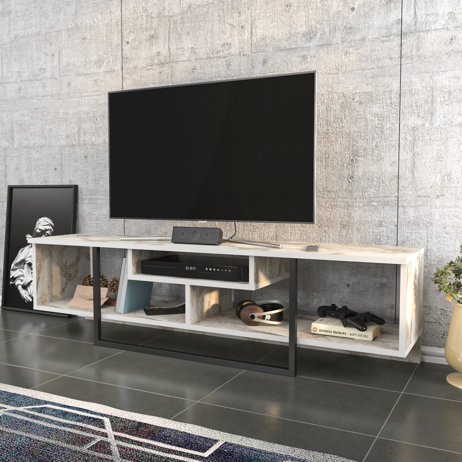 Suporte de TV elegante, preto e branco, 150 cm x 35,2 cm x 40 cm | Painel de partículas 100% revestido de melamina, 18 mm de espessura | Design moderno para salas de estar e espaços de entretenimento
