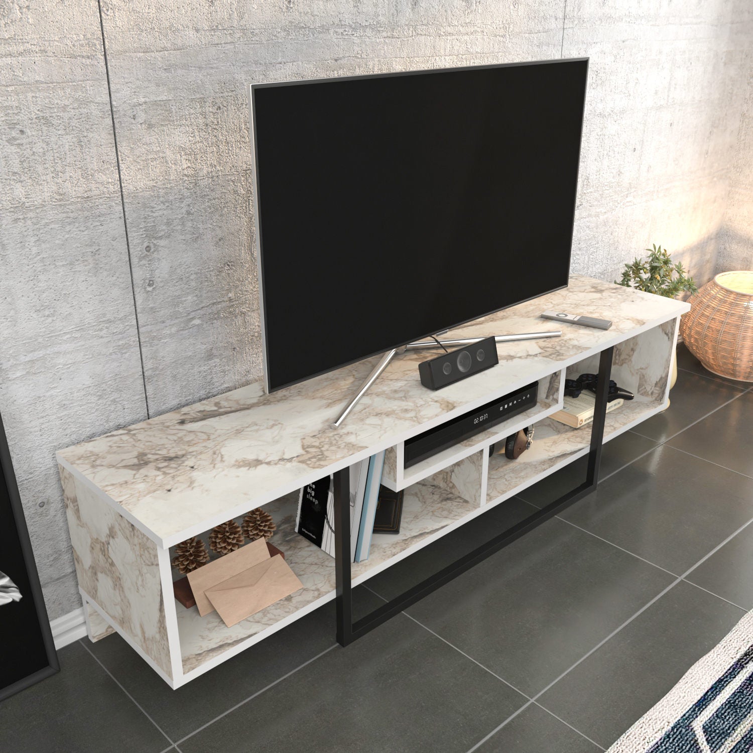 Suporte de TV elegante, preto e branco, 150 cm x 35,2 cm x 40 cm | Painel de partículas 100% revestido de melamina, 18 mm de espessura | Design moderno para salas de estar e espaços de entretenimento