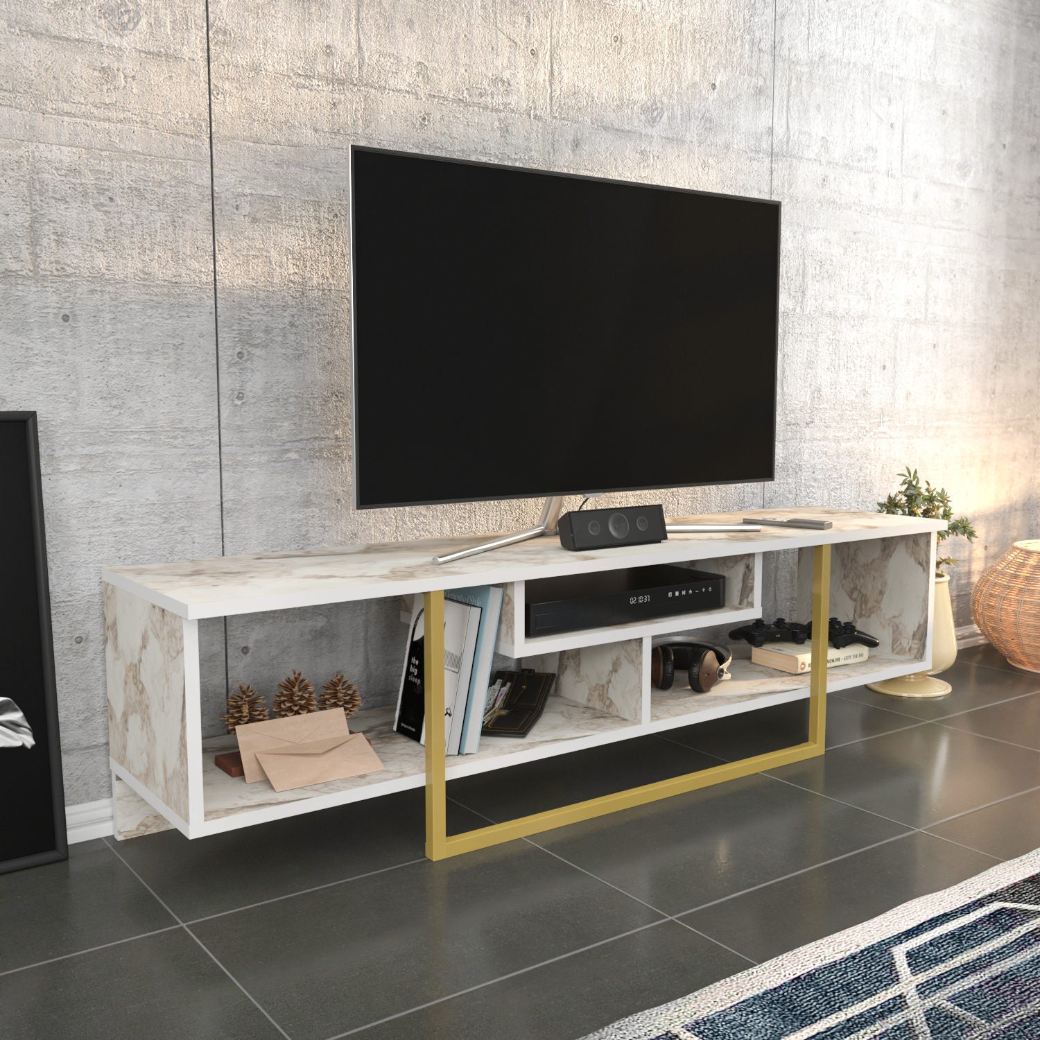 Suporte de TV Glamouroso, Dourado e Branco, 150 cm x 35,2 cm x 40 cm | Painel de partículas 100% revestido em melamina, 18 mm de espessura | Elegante e funcional para salas de estar modernas