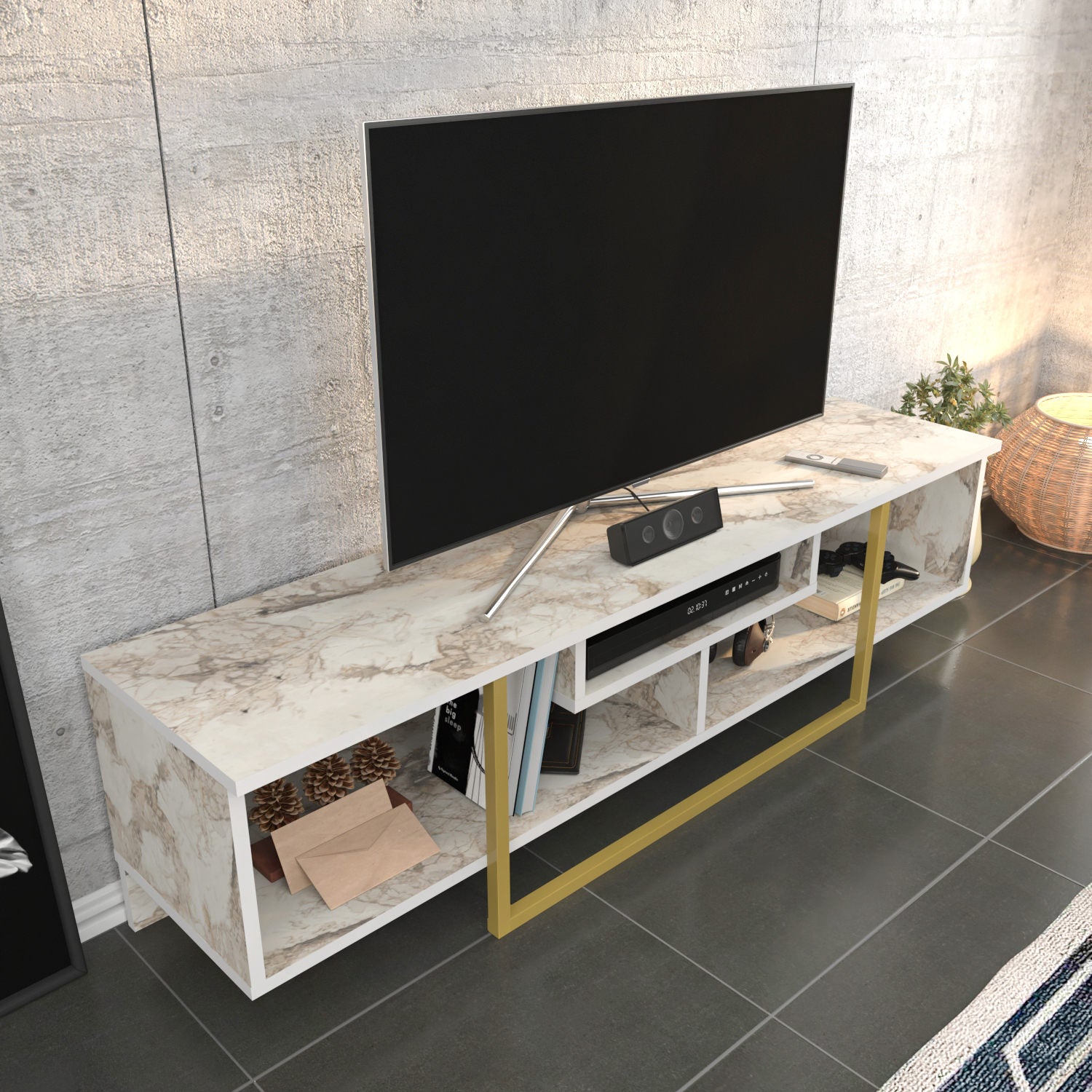 Suporte de TV Glamouroso, Dourado e Branco, 150 cm x 35,2 cm x 40 cm | Painel de partículas 100% revestido em melamina, 18 mm de espessura | Elegante e funcional para salas de estar modernas