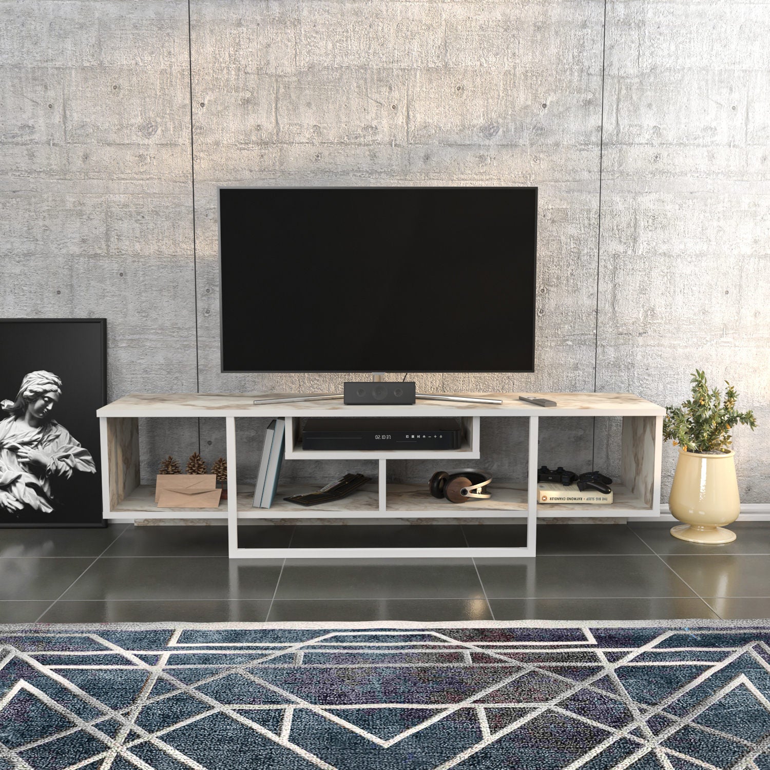 Suporte de TV escandinavo, branco, 150 cm x 35,2 cm x 40 cm | Painel de partículas 100% revestido de melamina, 18 mm de espessura | Elegante e funcional para salas de estar modernas